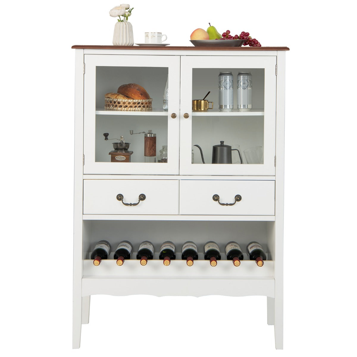 Aparador com 2 Portas de Vidro Temperado 2 Gavetas Suporte para Vinho Estação de Café para Sala de Jantar Sala 90 x 40 x 126,5 cm Branco
