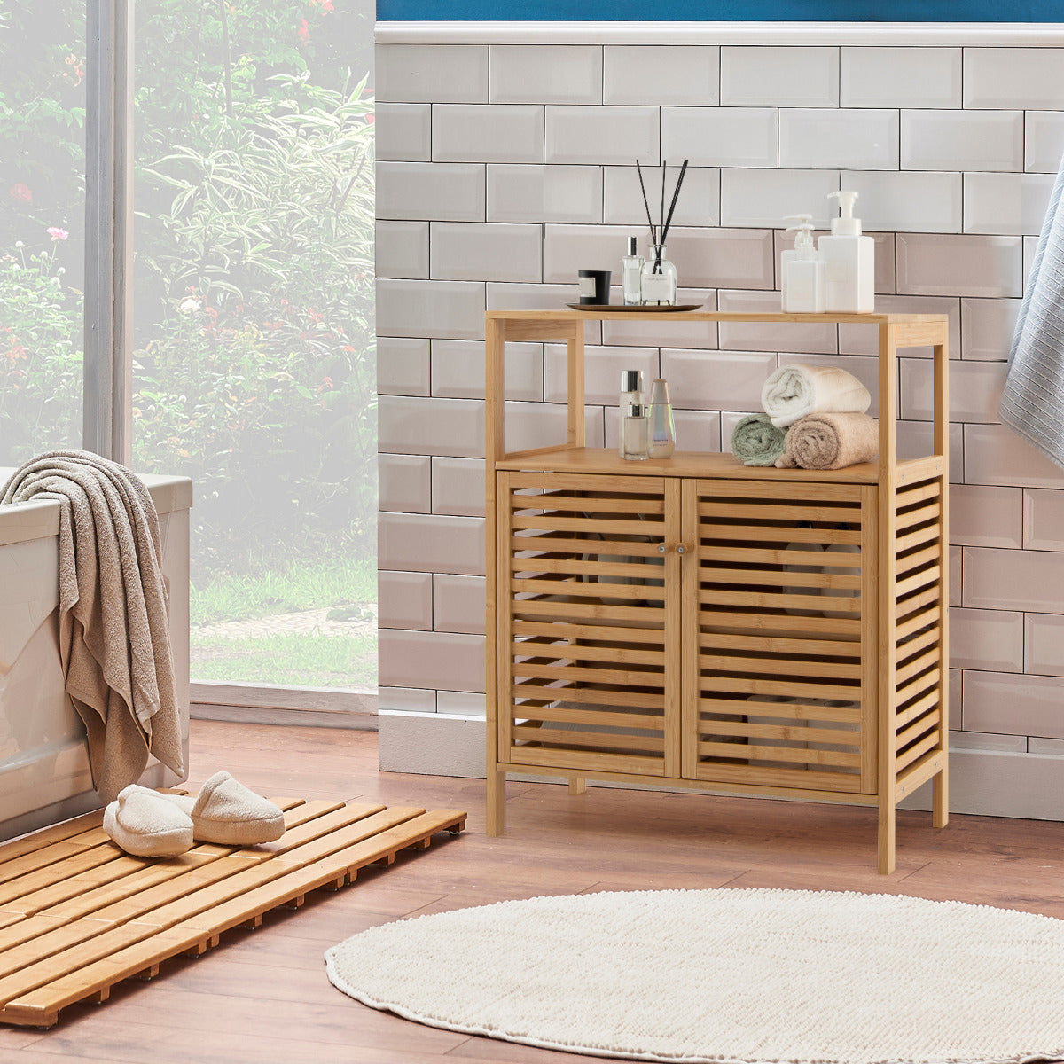 Armário de Casa de Banho em Bambu Organizador de Arrumação com Prateleira Aberta Removível Duas Portas 64 x 27,5 x 80 cm Natural