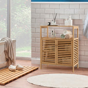 Armário de Casa de Banho em Bambu Organizador de Arrumação com Prateleira Aberta Removível Duas Portas 64 x 27,5 x 80 cm Natural