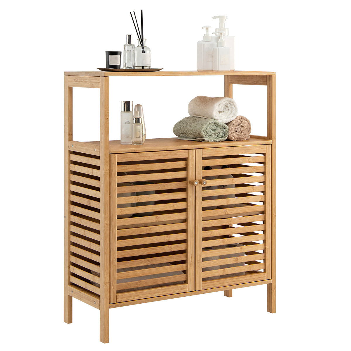 Armário de Casa de Banho em Bambu Organizador de Arrumação com Prateleira Aberta Removível Duas Portas 64 x 27,5 x 80 cm Natural
