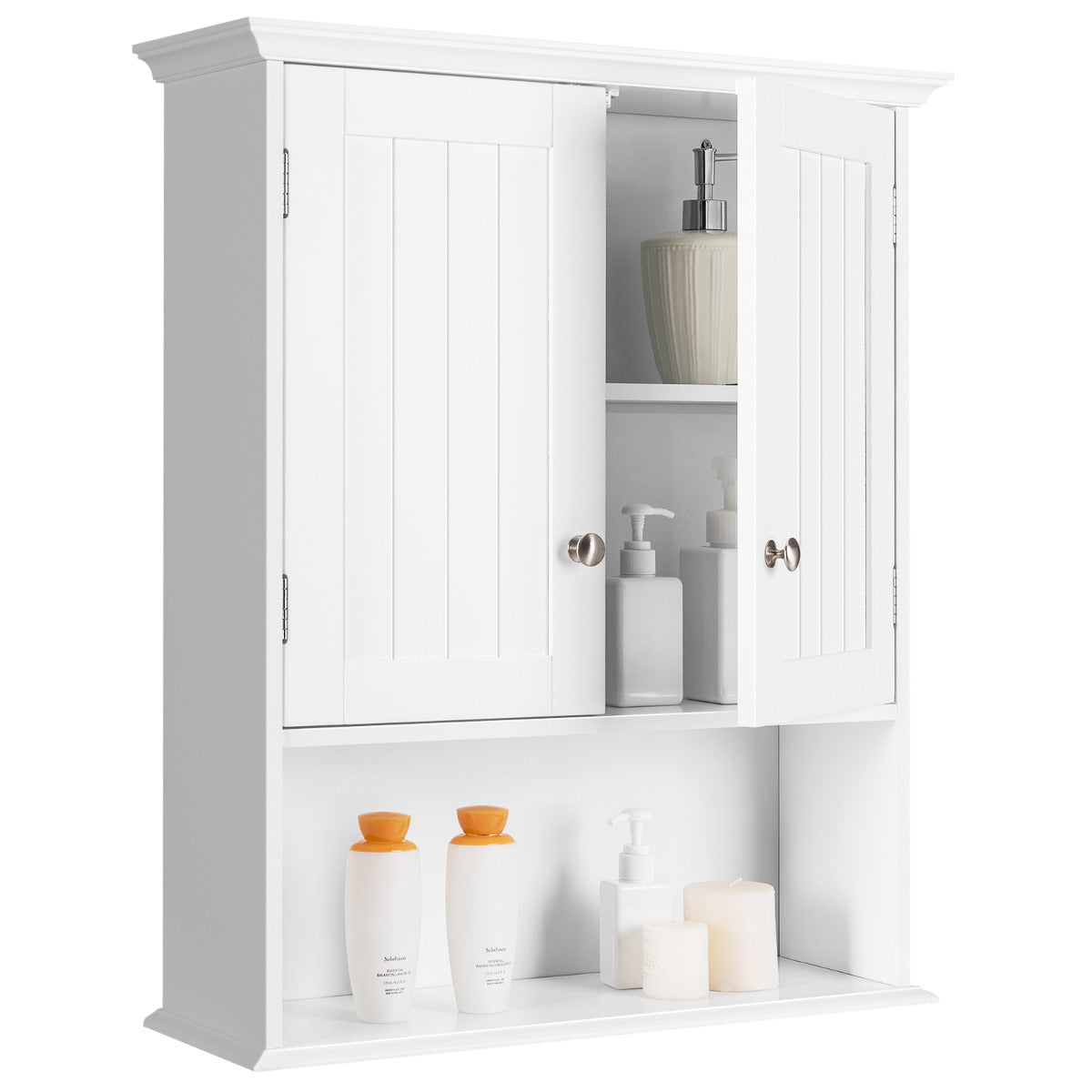 Armário de Casa de Banho Suspenso em Madeira com Portas e Prateleiras - Branco 60 x 19 x 71 cm