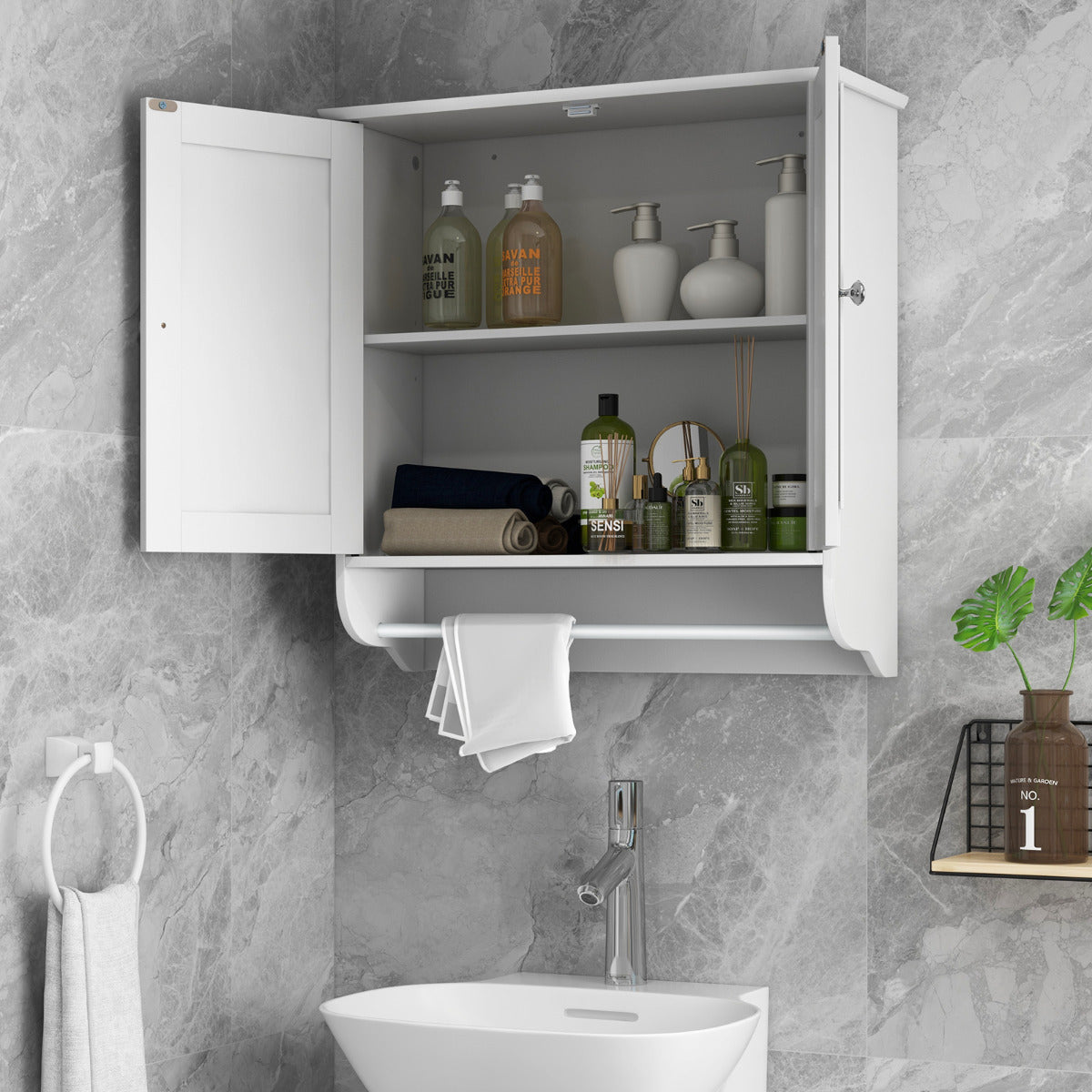 Armário de Parede para Casa de Banho com 2 Portas Barra de Toalha Prateleira Ajustável Organizador de Armazenamento de Cozinha 60 x 21 x 61 cm Branco