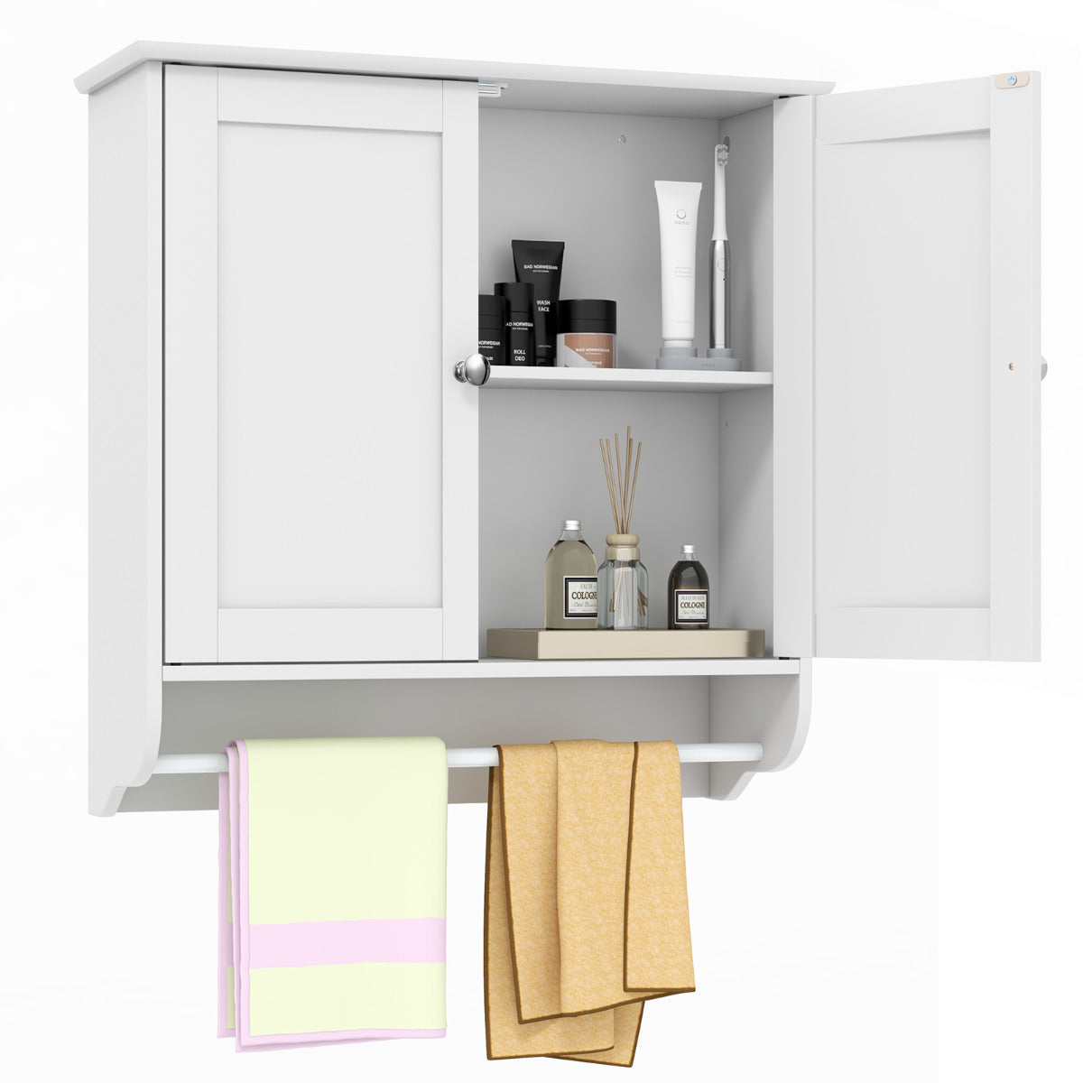 Armário de Parede para Casa de Banho com 2 Portas Barra de Toalha Prateleira Ajustável Organizador de Armazenamento de Cozinha 60 x 21 x 61 cm Branco