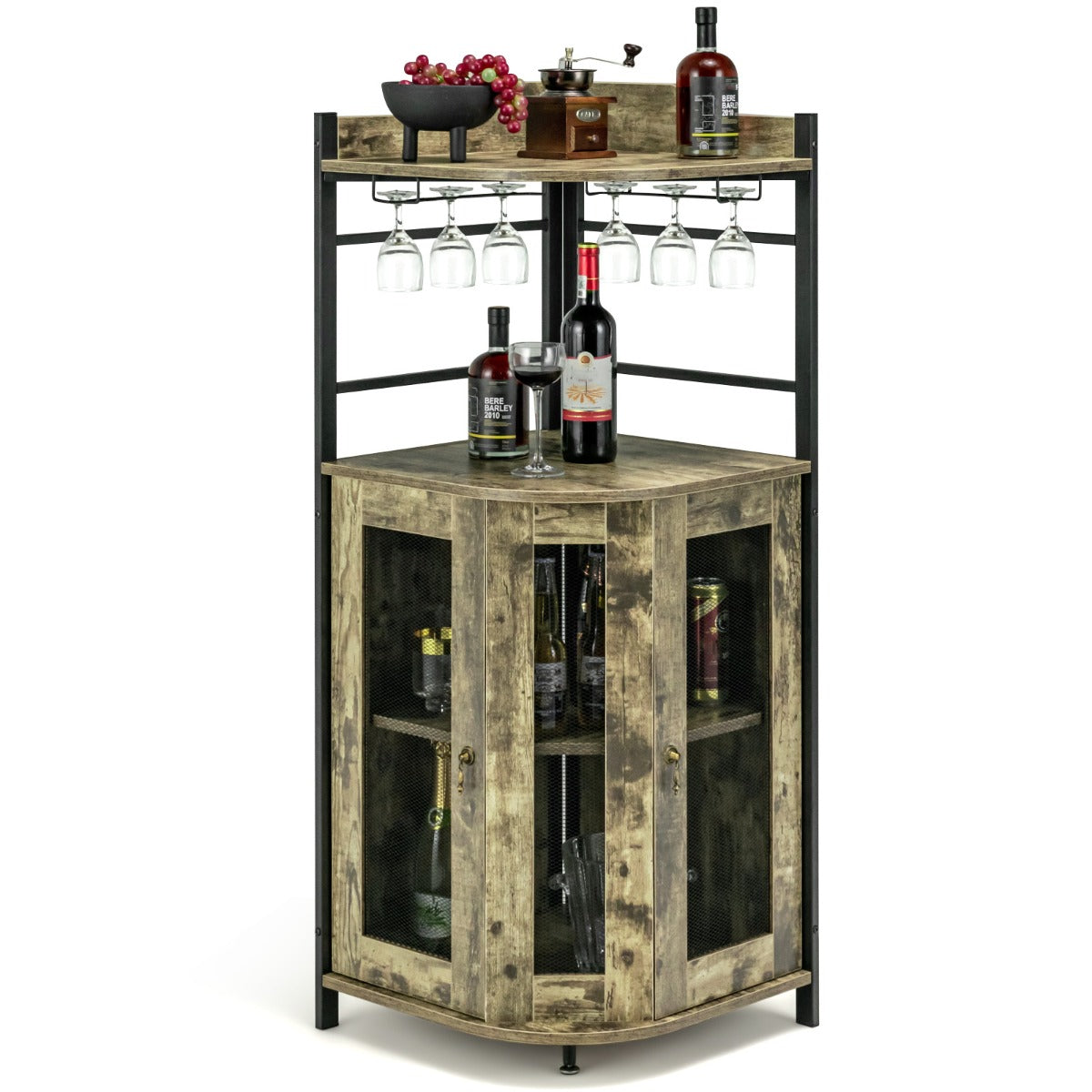 Armário de Barra em Canto com Suporte para Copos de Vidro Portas de Malha Metálica Prateleira Ajustável Armário de Vinho para Cozinha Sala de Jantar Castanho