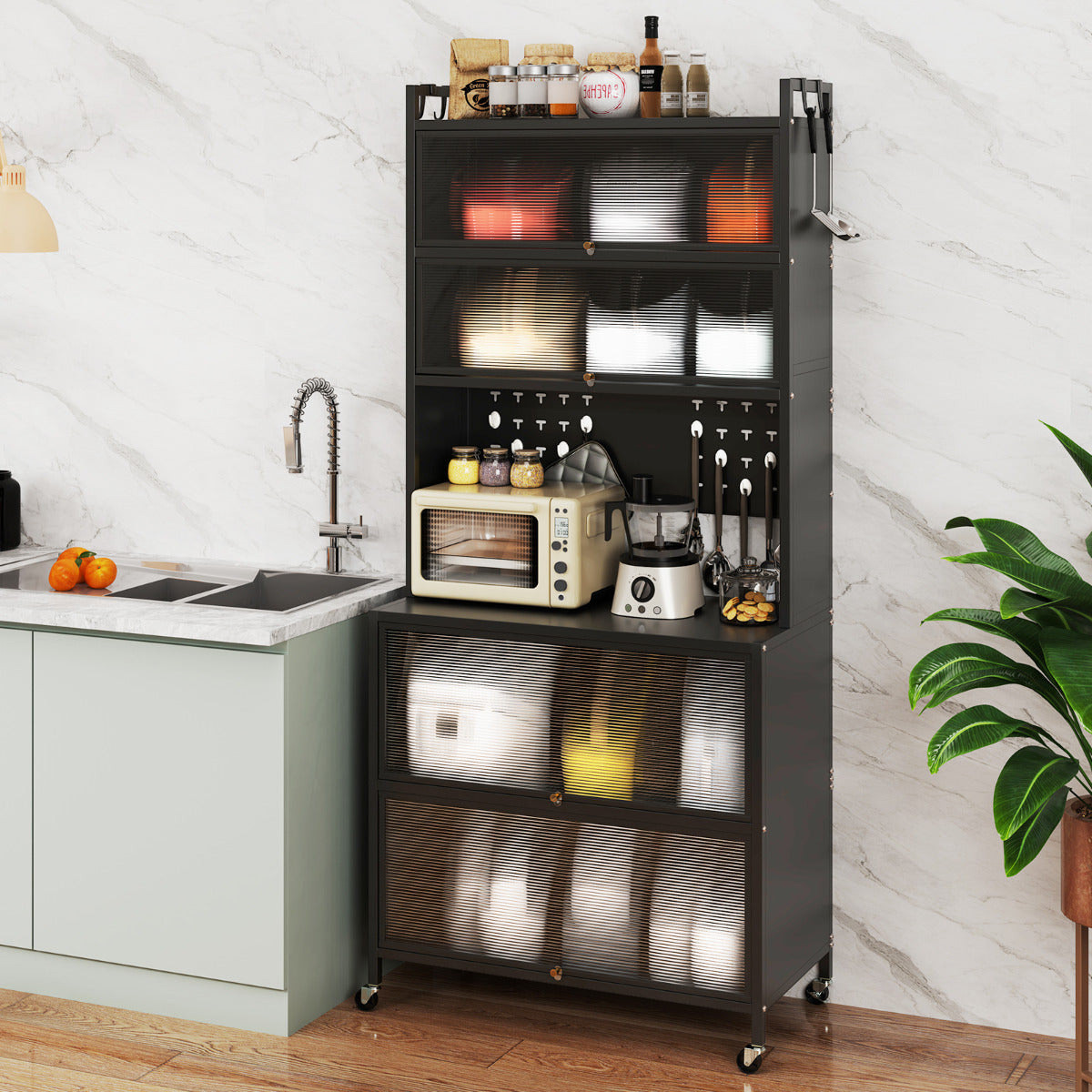 Armário de Cozinha de 6 Níveis Buffet com Prateleiras Portas Basculantes Tampo para Microondas Estante Aparador para Sala de Jantar Preto