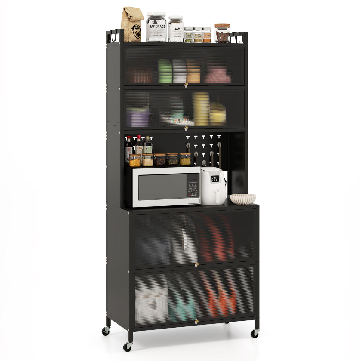 Armário de Cozinha de 6 Níveis Buffet com Prateleiras Portas Basculantes Tampo para Microondas Estante Aparador para Sala de Jantar Preto