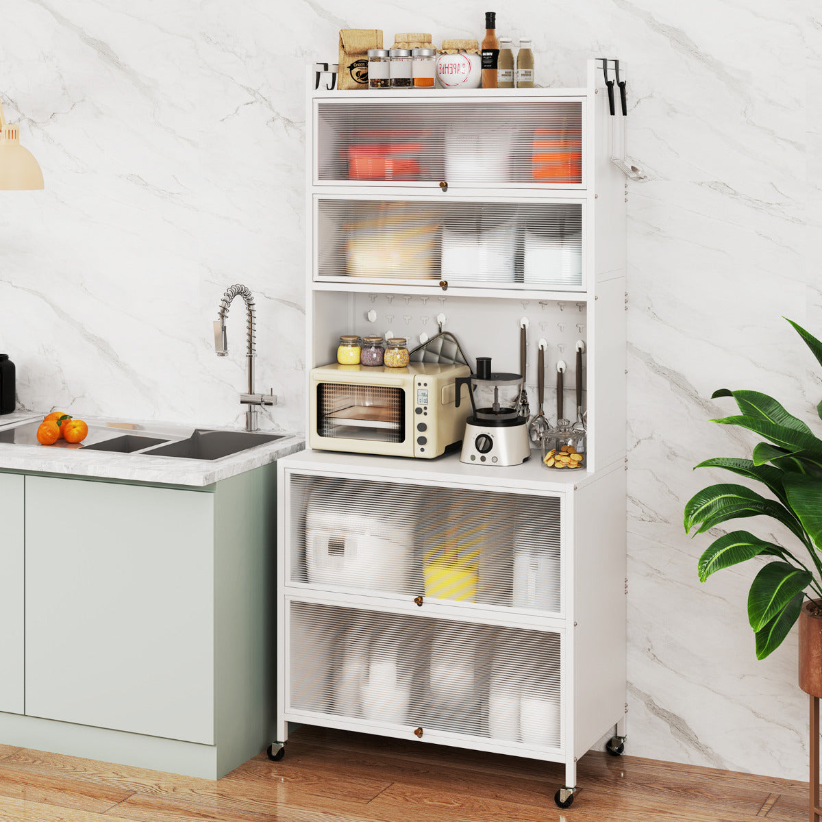 Armário de Cozinha de 6 Níveis Buffet com Estantes Portas Abatíveis Encimera para Microondas Prateleira Aparador para Sala de Jantar Branco