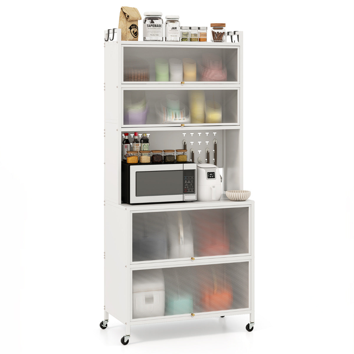 Armário de Cozinha de 6 Níveis Buffet com Estantes Portas Abatíveis Encimera para Microondas Prateleira Aparador para Sala de Jantar Branco