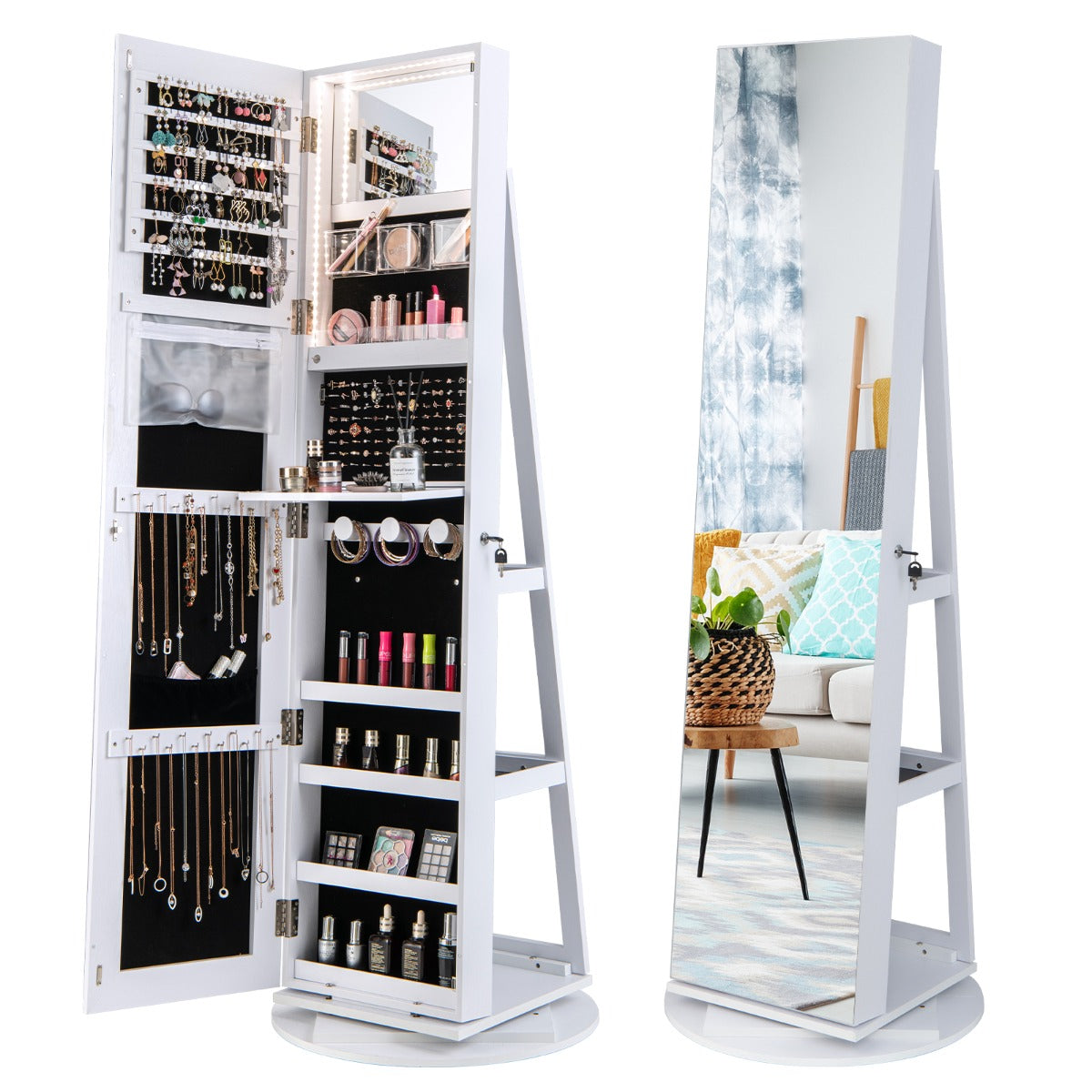 Armário de Jóias Giratório 360° com Luzes LED Prateleiras de Armazenamento Espelho de Corpo Inteiro 54,5 x 161 cm - Branco