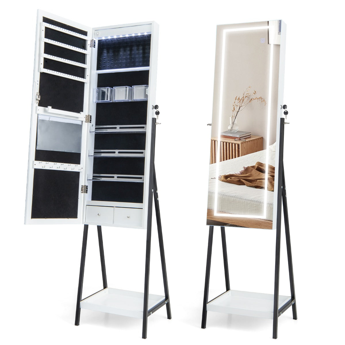 Armário de Jóias com Espelho LED e Fechadura, Forro de Veludo para Quarto Vestidor Branco