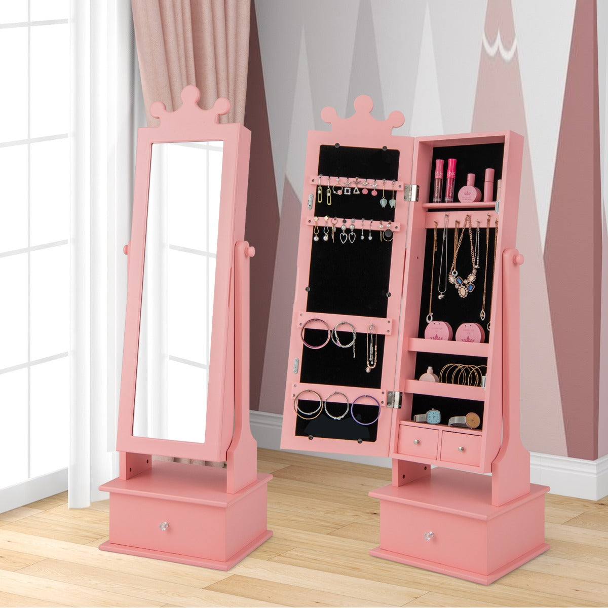 Armário de Jóias para Crianças com Espelho de Corpo Inteiro e 3 Gavetas 2 Ângulos de Inclinação Ajustáveis 34 x 30 x 103/113cm Rosa