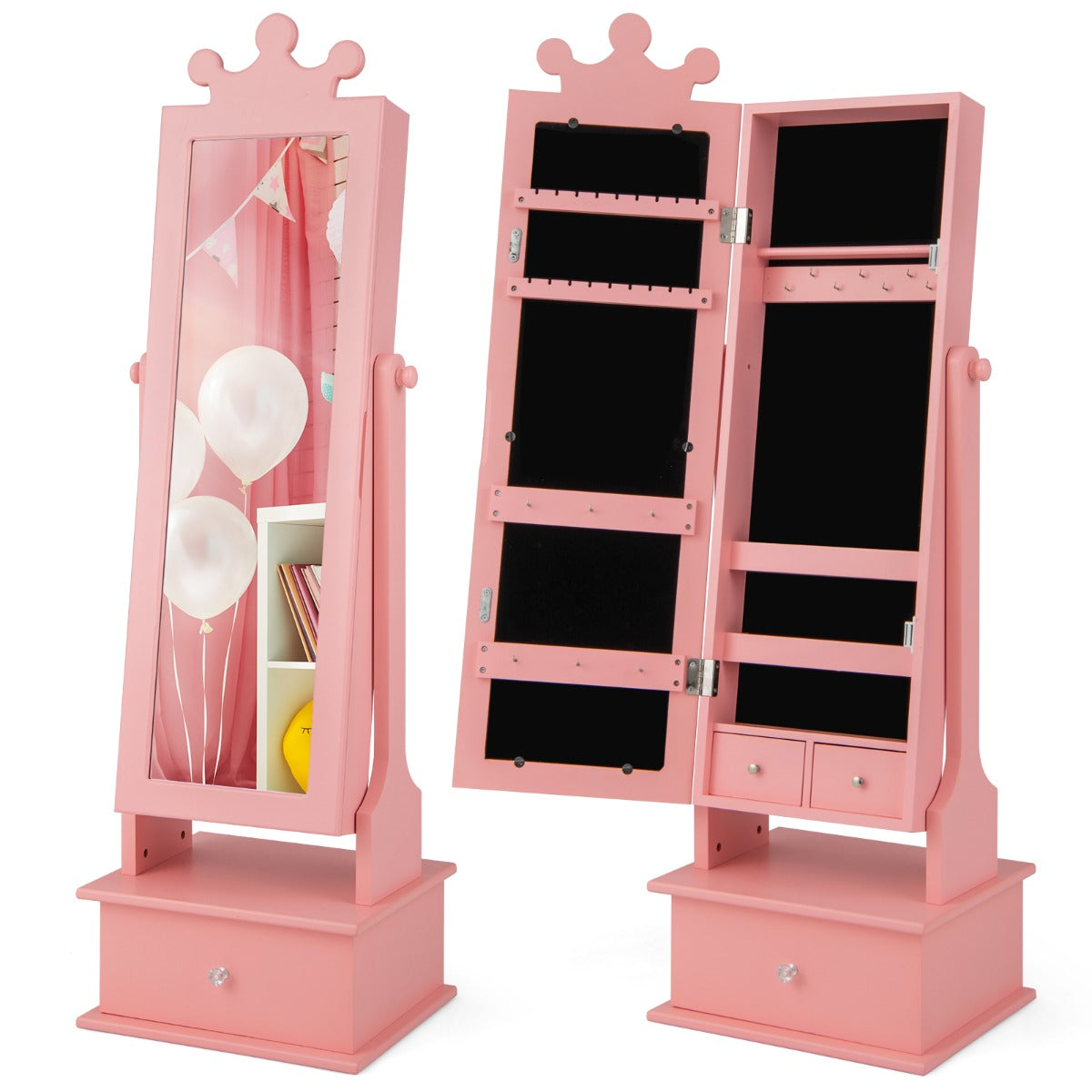 Armário de Jóias para Crianças com Espelho de Corpo Inteiro e 3 Gavetas 2 Ângulos de Inclinação Ajustáveis 34 x 30 x 103/113cm Rosa