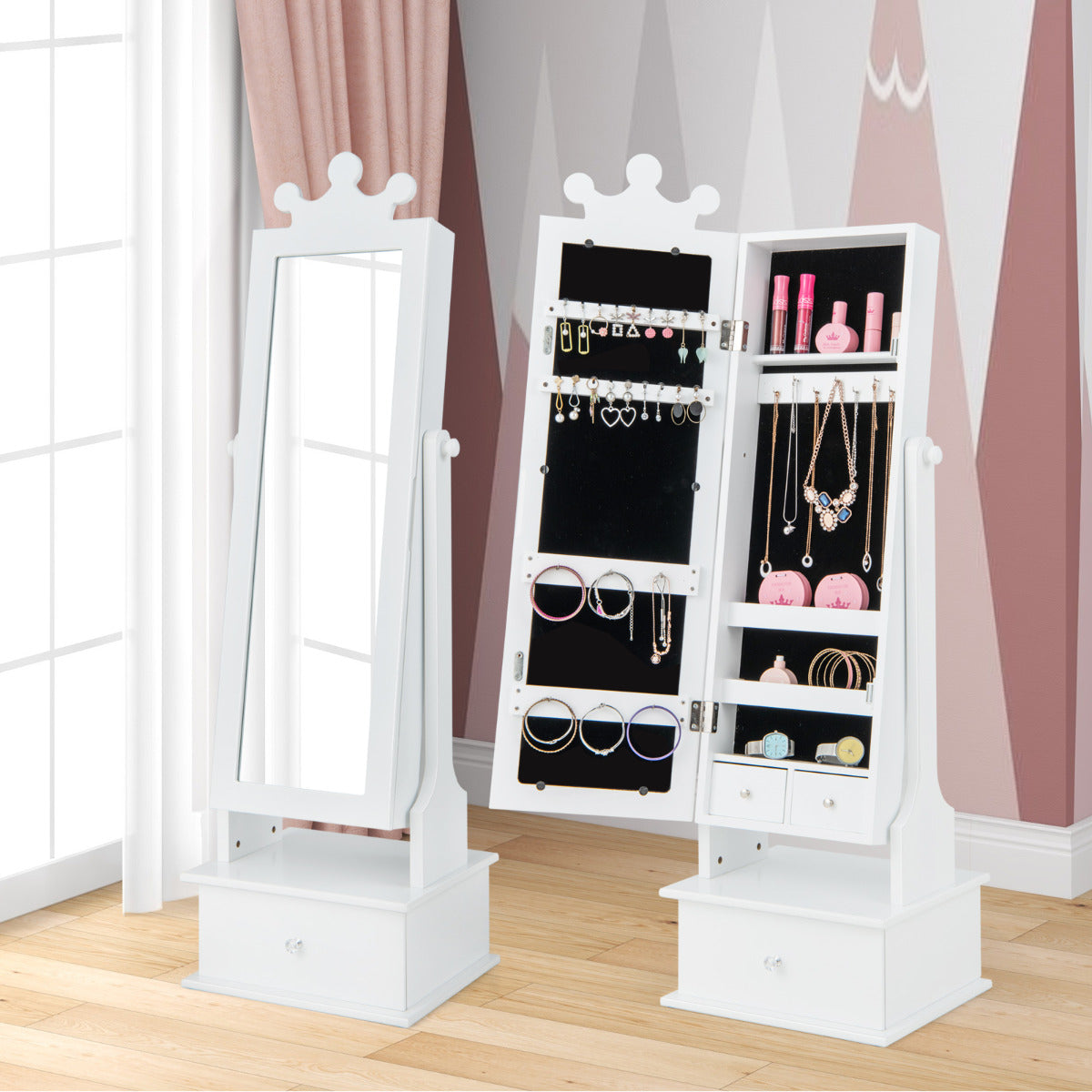 Armário de Jóias para Crianças com Espelho de Corpo Inteiro e 3 Gavetas 2 Ângulos de Inclinação Ajustáveis 34 x 30 x 103/113cm Branco