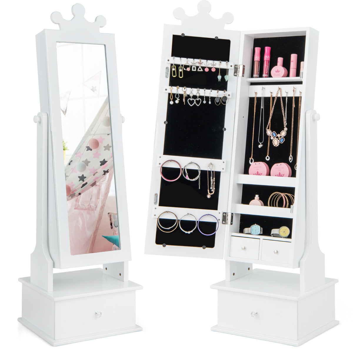 Armário de Jóias para Crianças com Espelho de Corpo Inteiro e 3 Gavetas 2 Ângulos de Inclinação Ajustáveis 34 x 30 x 103/113cm Branco
