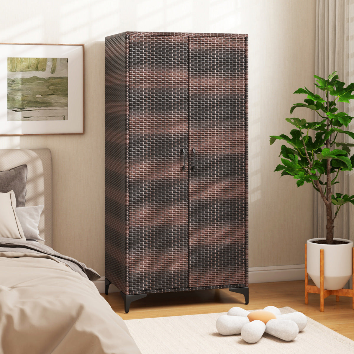 Armário de Vime com 2 Portas de PE com Barra para Pendurar e 4 Cubos de Armazenamento Organizador de Roupa para Casa Pátio Garagem Castanho