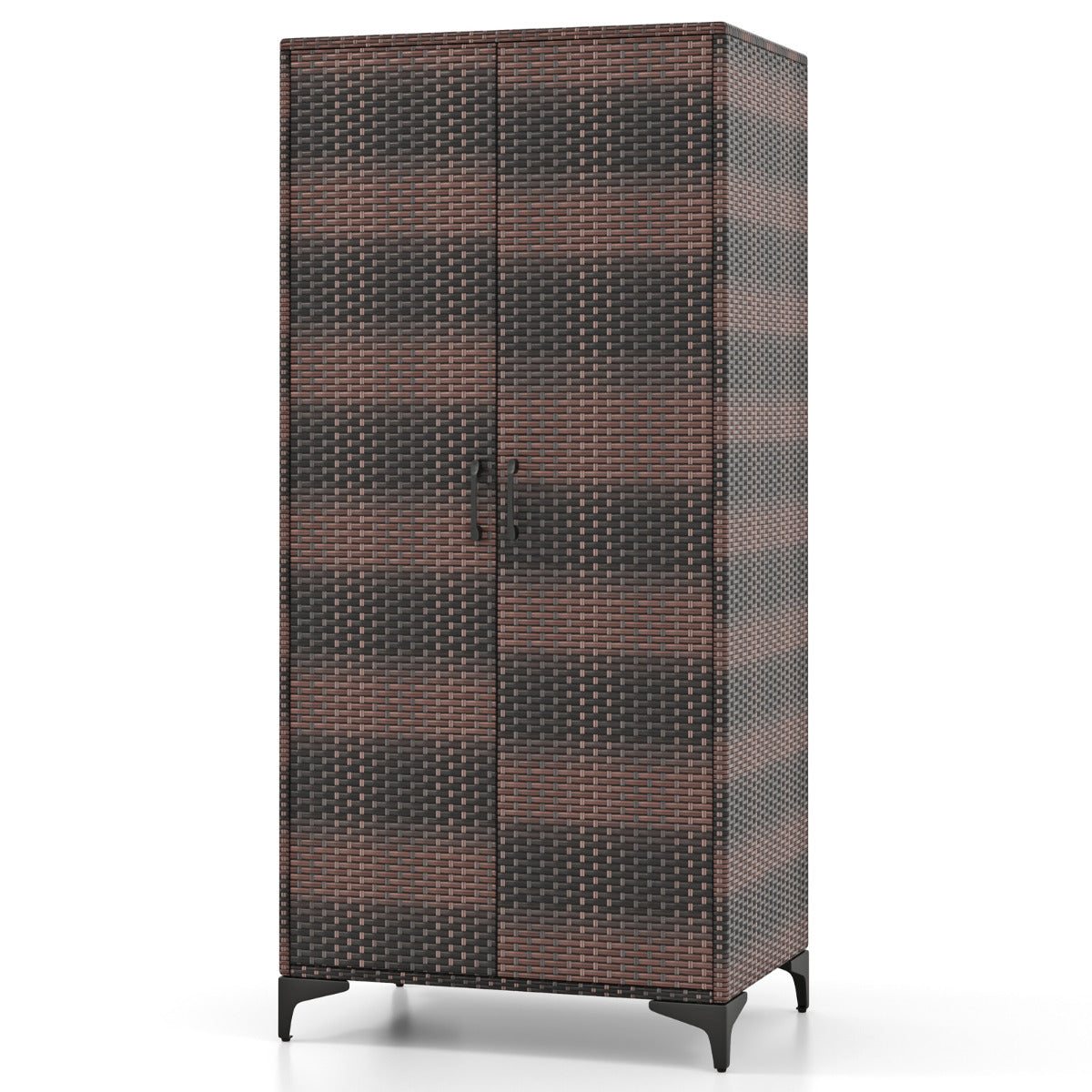 Armário de Vime com 2 Portas de PE com Barra para Pendurar e 4 Cubos de Armazenamento Organizador de Roupa para Casa Pátio Garagem Castanho
