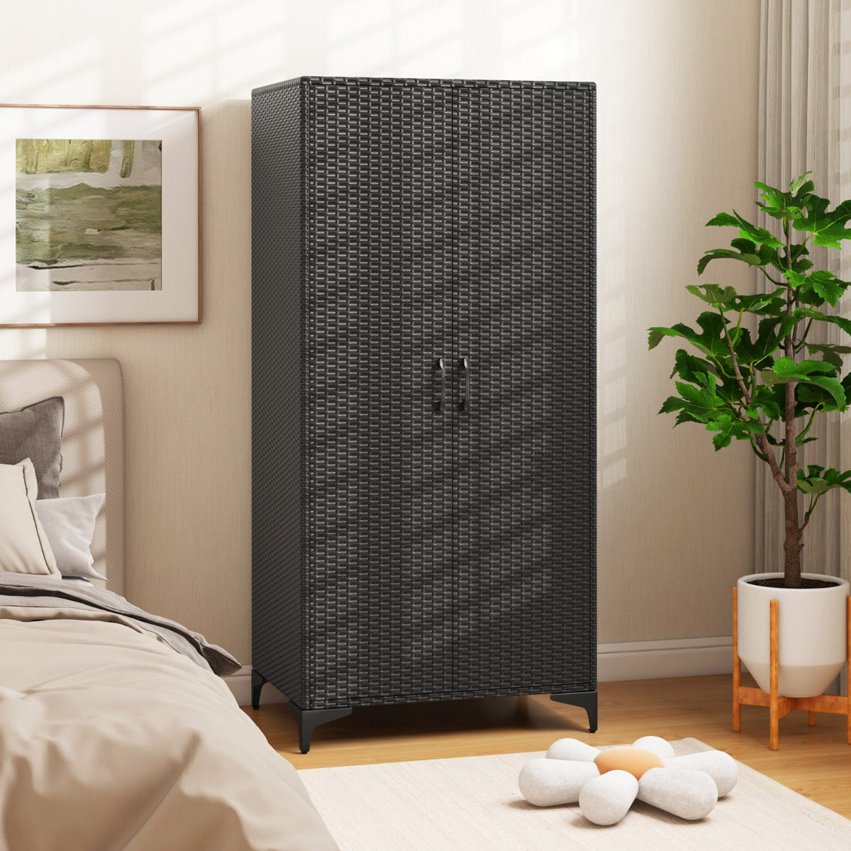 Armário de Vime com 2 Portas de PE com Barra para Pendurar e 4 Cubos de Armazenamento Organizador de Roupa para Casa Pátio Garagem Preto