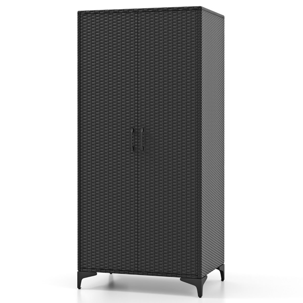 Armário de Vime com 2 Portas de PE com Barra para Pendurar e 4 Cubos de Armazenamento Organizador de Roupa para Casa Pátio Garagem Preto