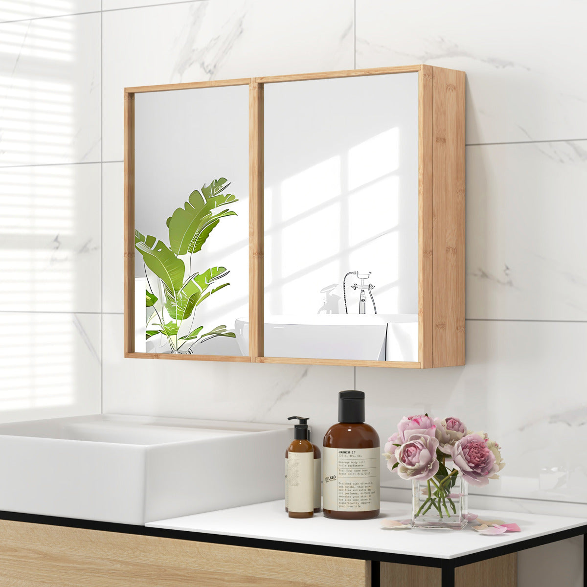 Armário de Parede para Casa de Banho com Espelho Armário de Medicamentos de Porta Dupla em Bambu com 2 Prateleiras Armário de Arrumação com Portas Natural