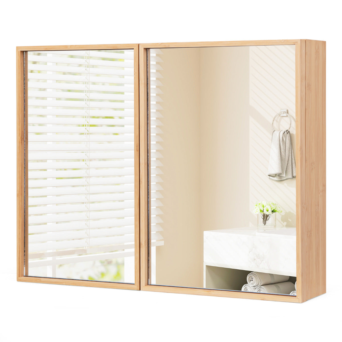 Armário de Parede para Casa de Banho com Espelho Armário de Medicamentos de Porta Dupla em Bambu com 2 Prateleiras Armário de Arrumação com Portas Natural