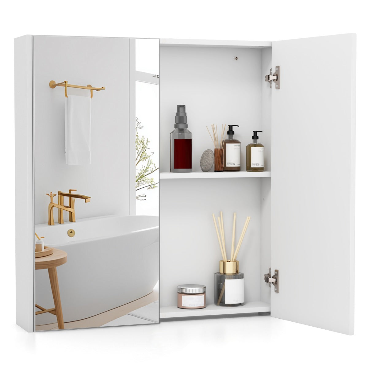 Armário de Parede para Casa de Banho 62 x 65 cm com Portas de Espelho Duplas e Prateleira Ajustável Branco