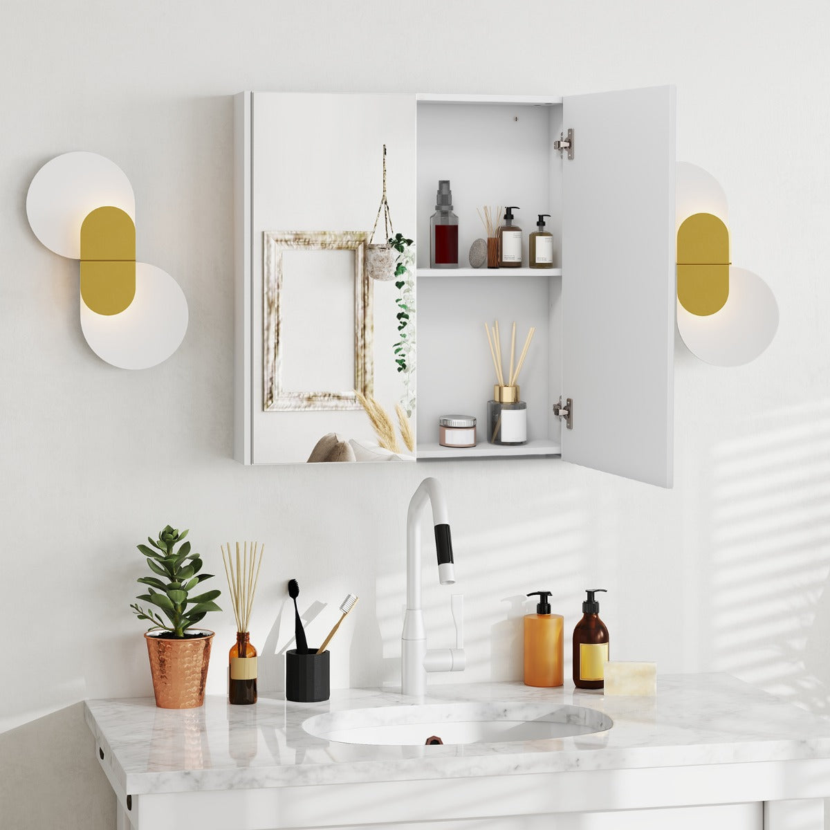Armário de Parede para Casa de Banho 62 x 65 cm com Portas de Espelho Duplas e Prateleira Ajustável Branco