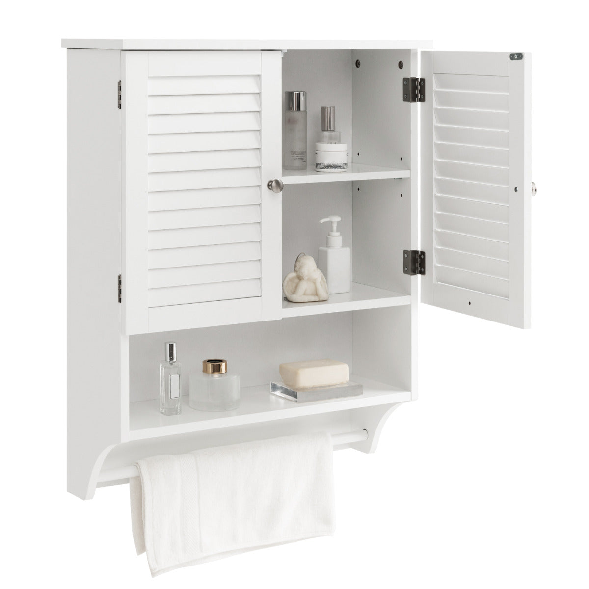 Armário de Parede para Casa de Banho Gabinete Suspenso com 2 Portas Prateleira Ajustável Barra de Toalha para Lavandaria Cozinha 60 x 22 x 75 cm Branco