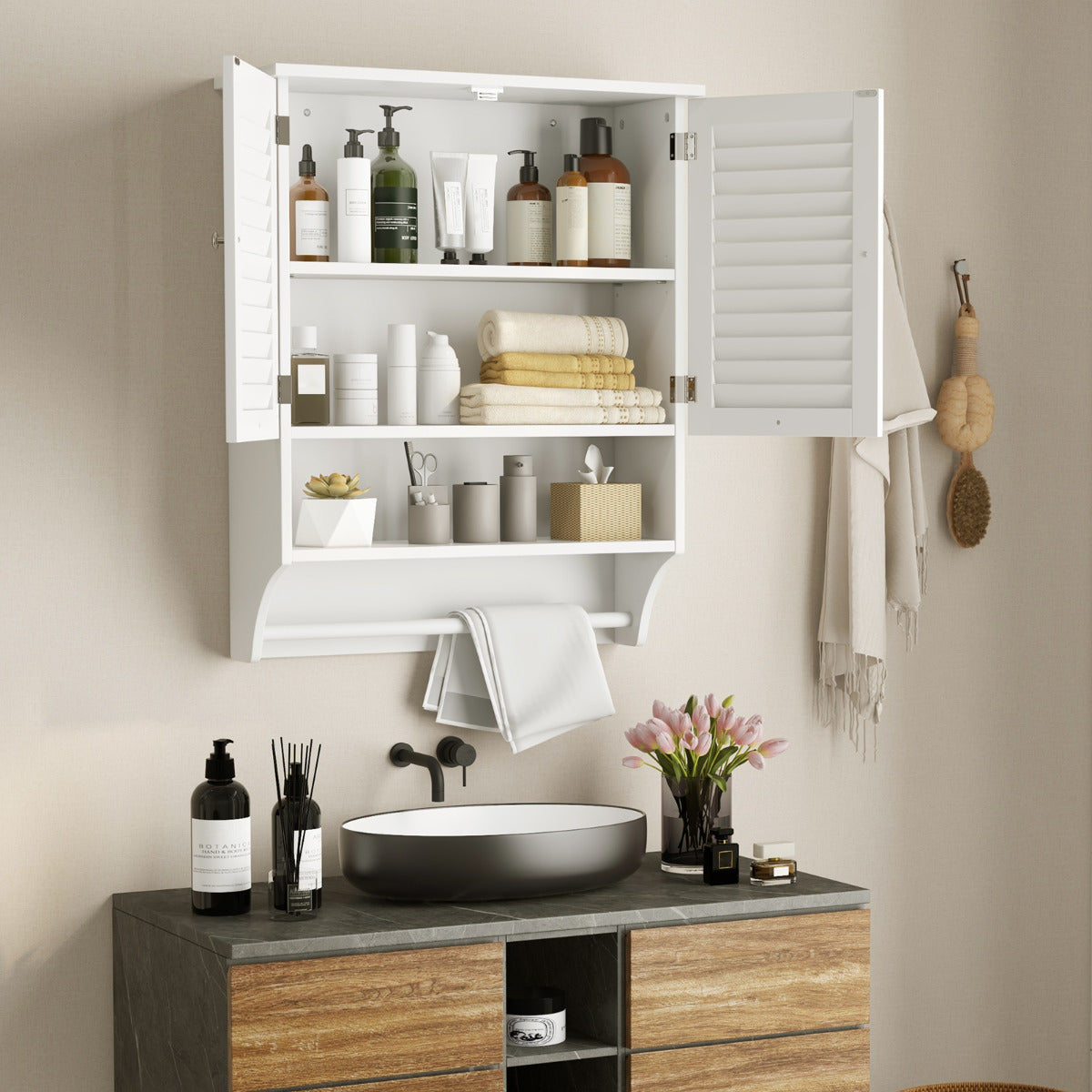 Armário de Parede para Casa de Banho Gabinete Suspenso com 2 Portas Prateleira Ajustável Barra de Toalha para Lavandaria Cozinha 60 x 22 x 75 cm Branco