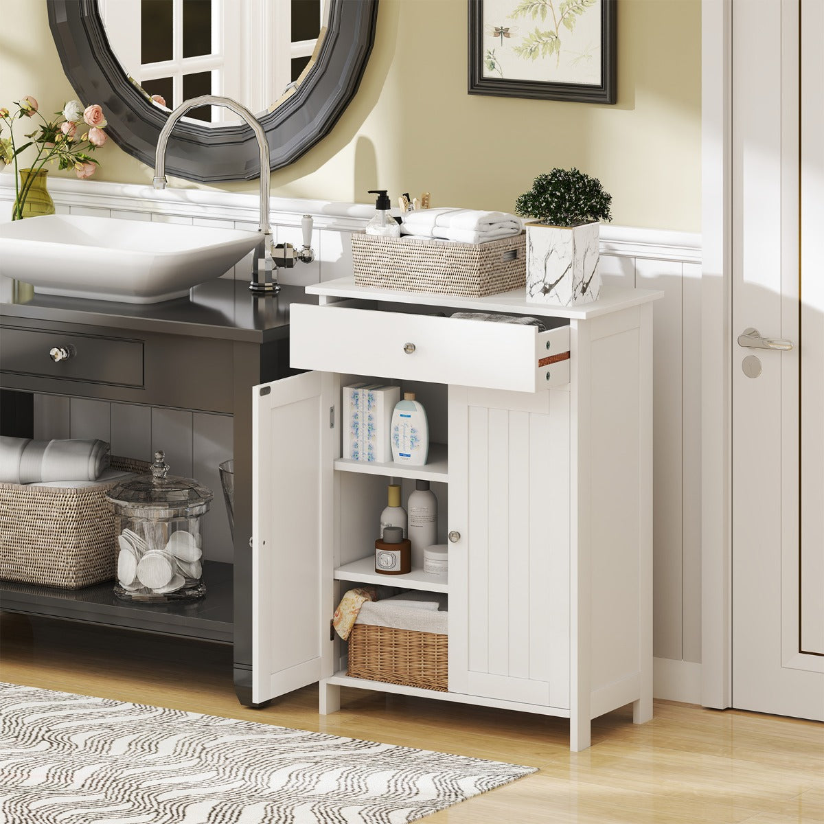 Armário de Chão para Casa de Banho com 2 Portas, 1 Gaveta e 1 Prateleira Ajustável Organizador Moderno 60 x 30 x 80 cm - Branco