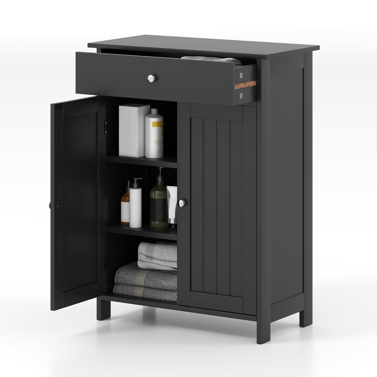 Armário de Chão para Casa de Banho com 2 Portas, 1 Gaveta e 1 Prateleira Ajustável Organizador Moderno 60 x 30 x 80 cm - Preto
