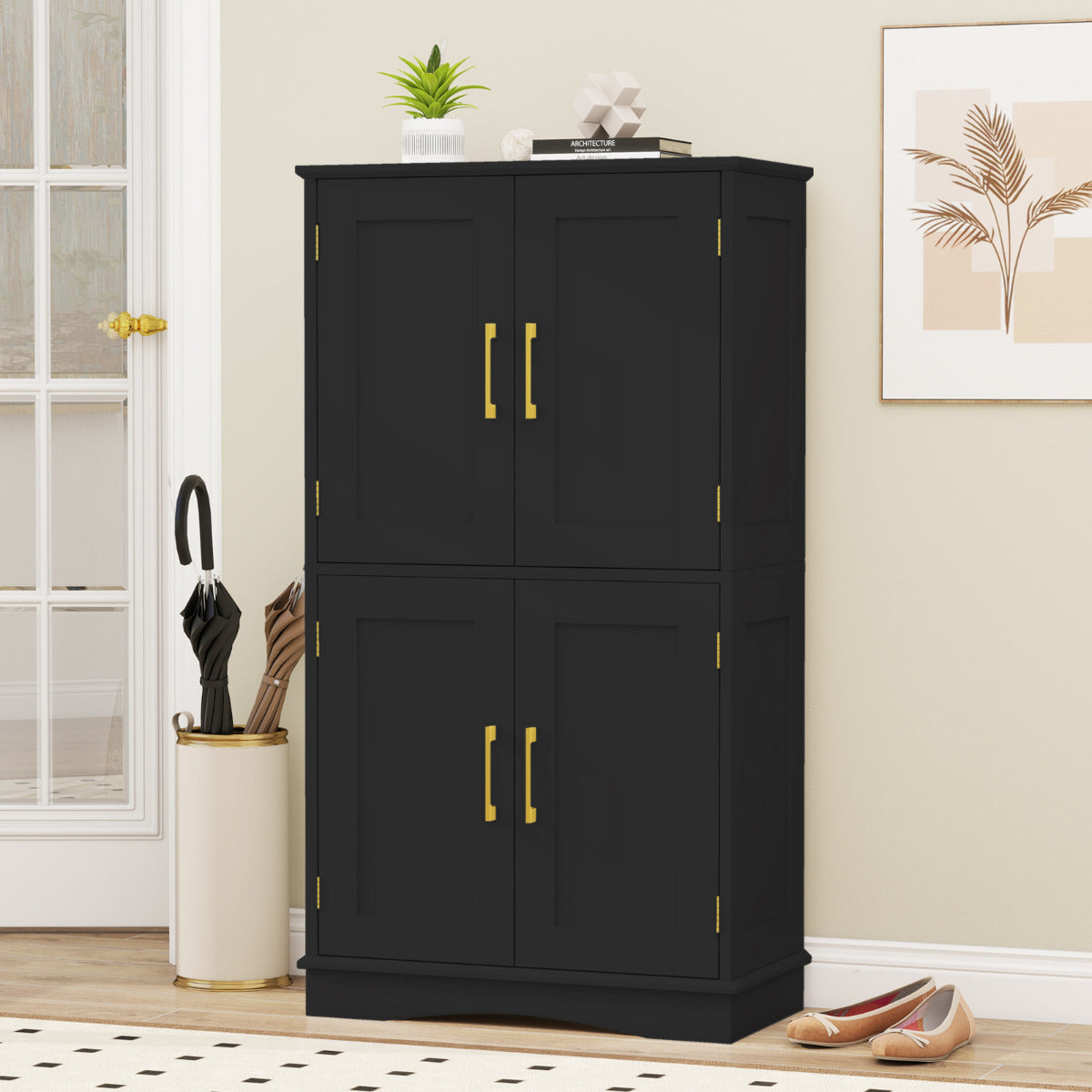 Armário de Chão para Casa de Banho Móvel Despensa 110 cm Independente com 4 Portas e 2 Prateleiras Ajustáveis Gabinete para Cozinha Sala de Jantar Preto