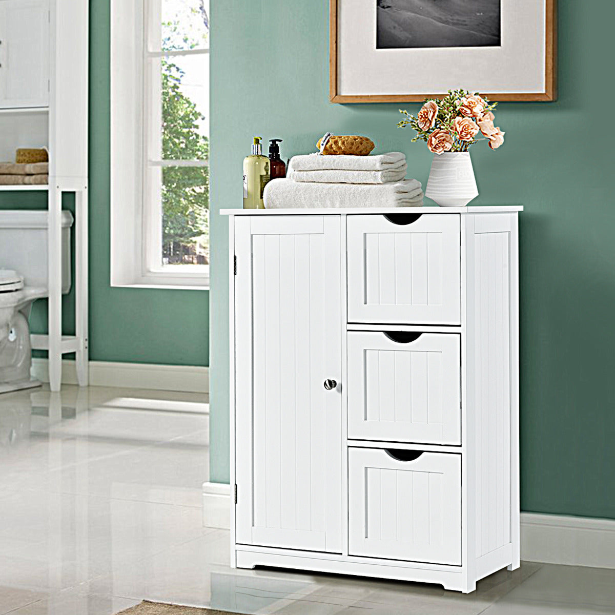 Armário de Chão para Casa de Banho com 3 Gavetas e 1 Armário Prateleira Ajustável Móvel de Arrumação para Sala Quarto 60 x 30 x 81cm Branco