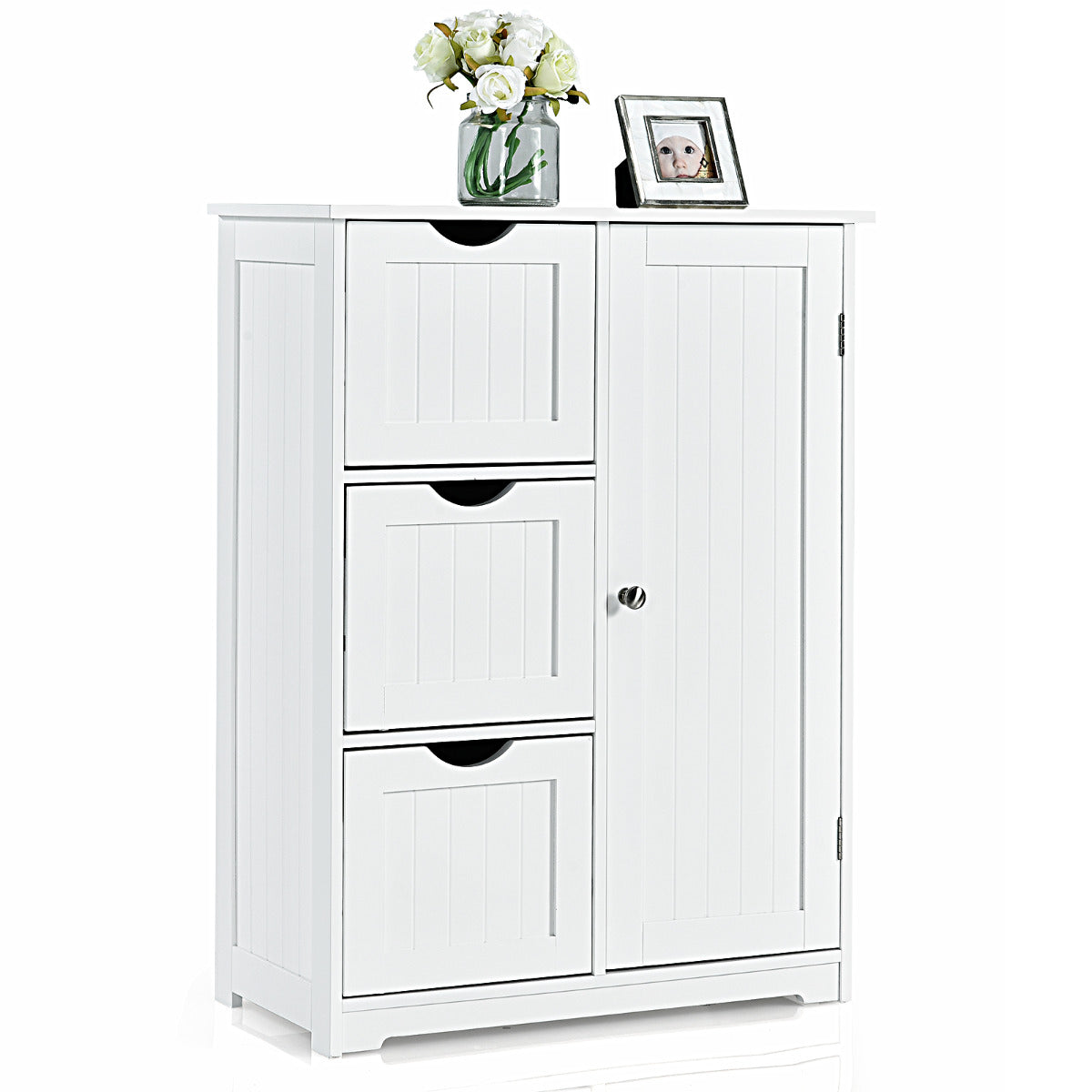 Armário de Chão para Casa de Banho com 3 Gavetas e 1 Armário Prateleira Ajustável Móvel de Arrumação para Sala Quarto 60 x 30 x 81cm Branco