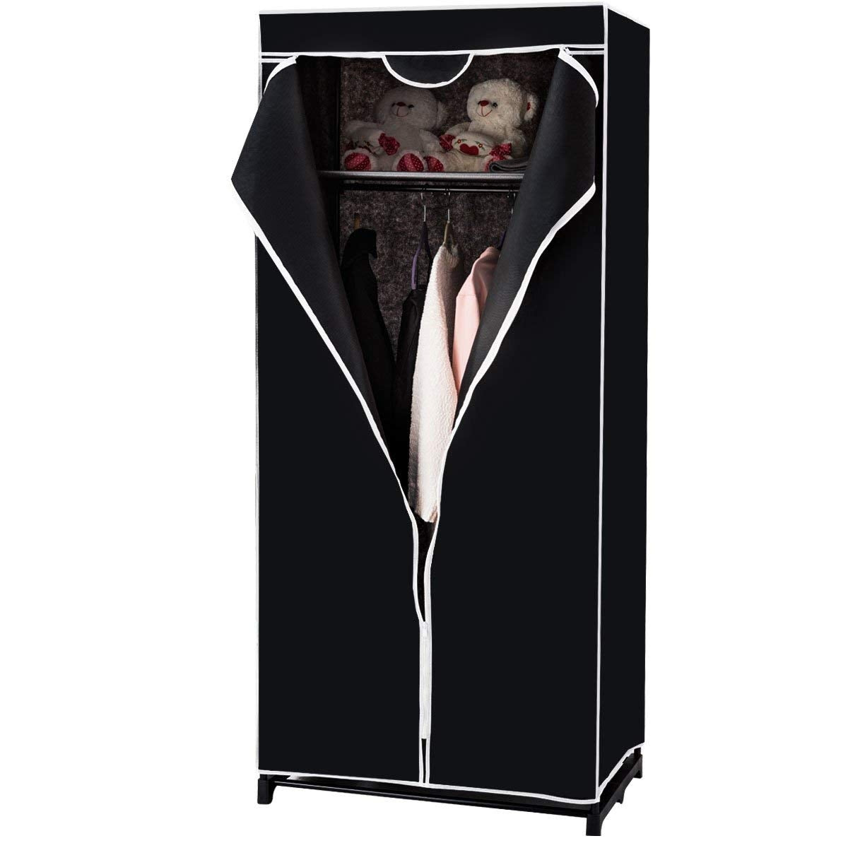 Armário de Tecido Dobrável com Fecho de Correr Organizador de Roupa Têxtil Portátil com Barra para Pendurar 74 x 50 x 172 cm Preto