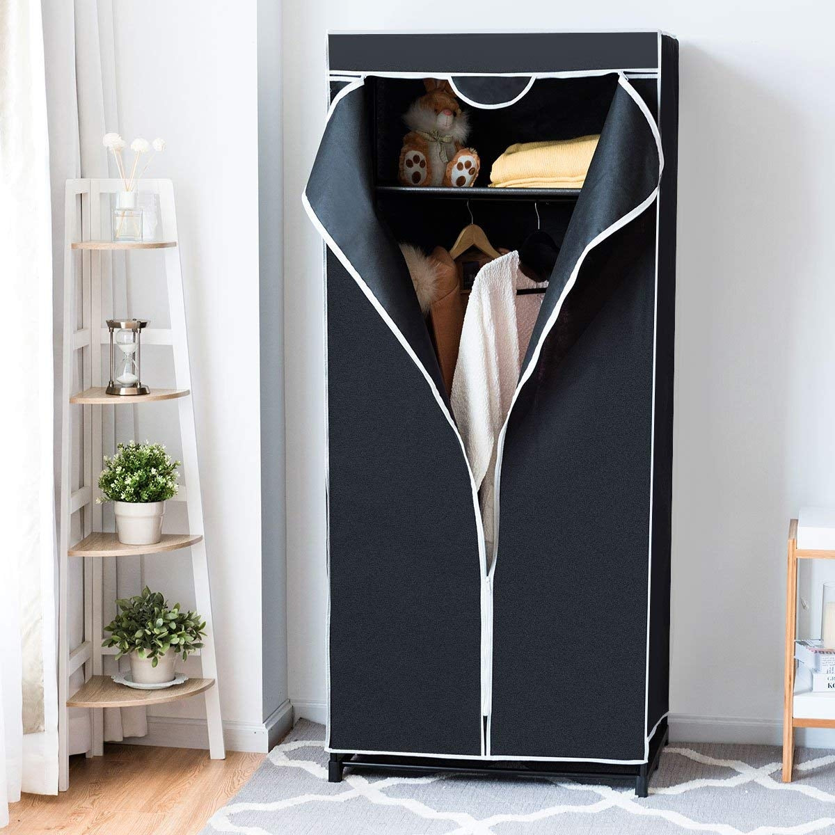 Armário de Tecido Dobrável com Fecho de Correr Organizador de Roupa Têxtil Portátil com Barra para Pendurar 74 x 50 x 172 cm Preto