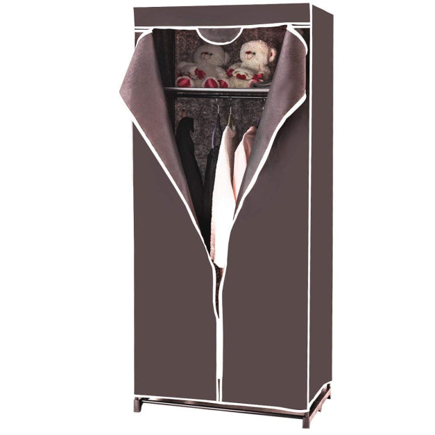 Armário de Tecido Dobrável com Fecho de Correr Organizador de Roupa de Têxtil Portátil com Barra para Pendurar 74 x 50 x 172 cm Café