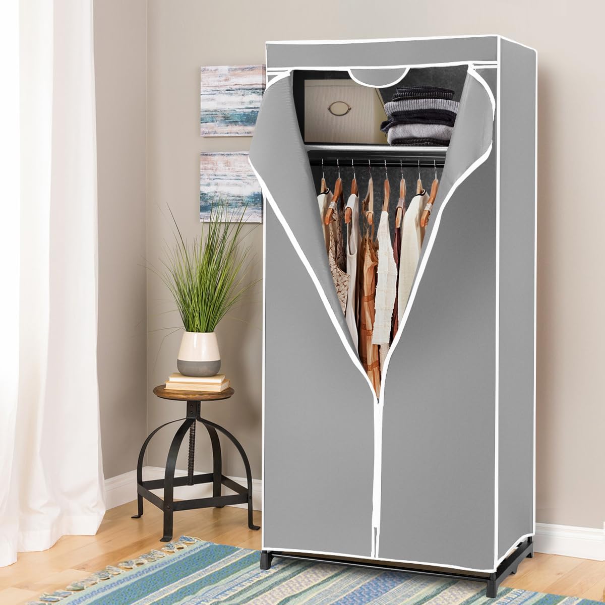 Armário de Tecido Dobrável com Barra para Pendurar Roupa Organizador 75x50x170cm Cinzento
