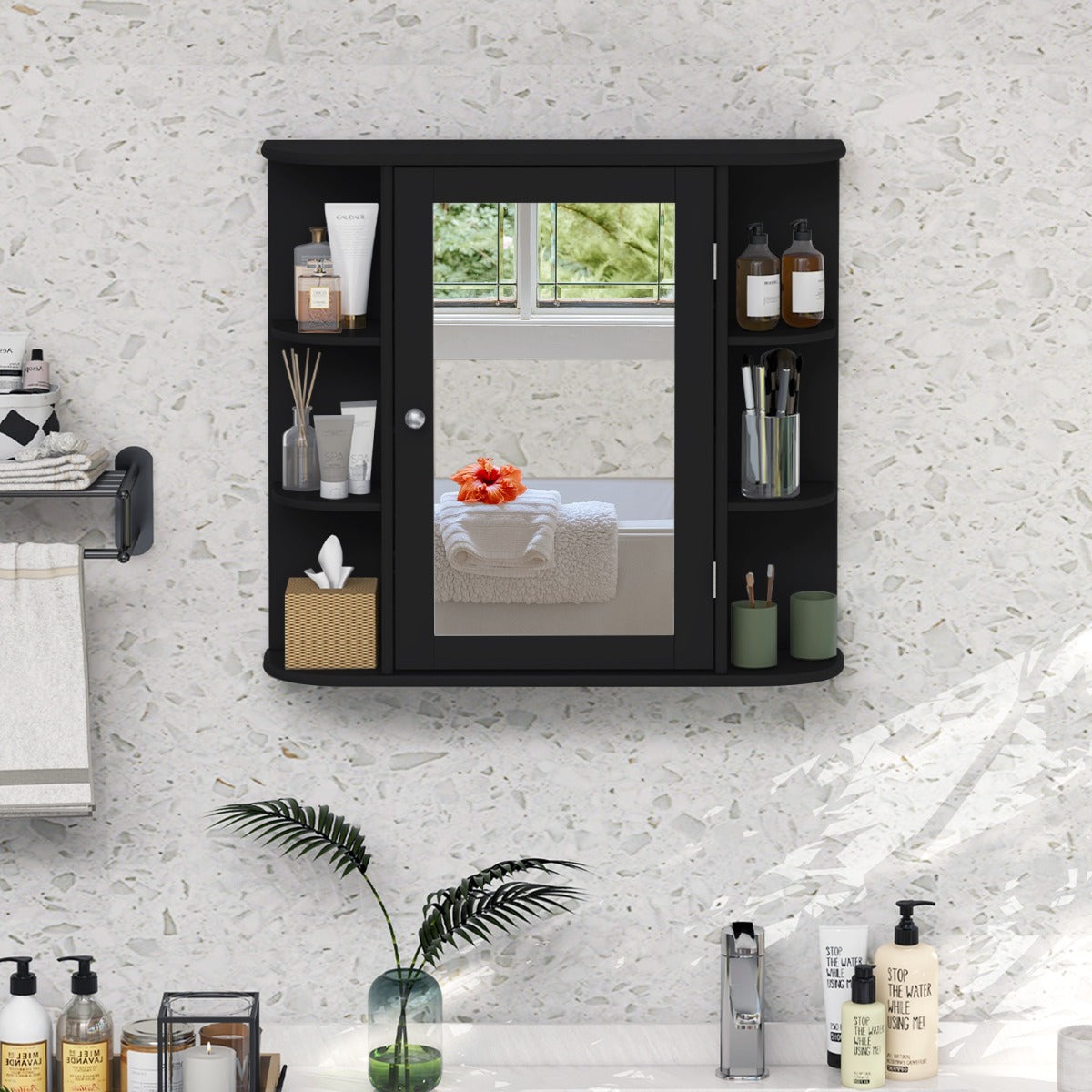 Armário de Casa de Banho com Espelho de Parede em MDF Preto 65 x 17 x 64 cm