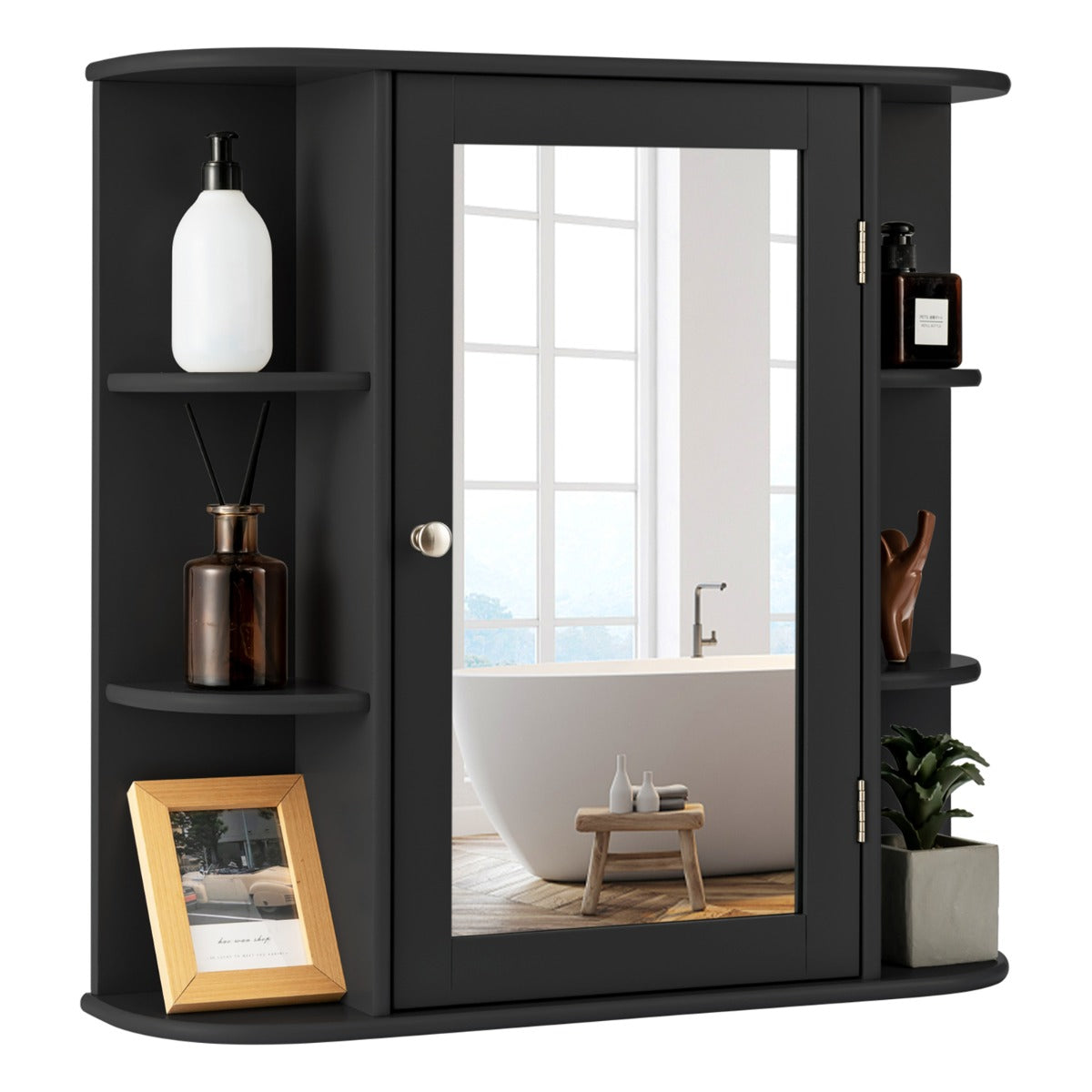 Armário de Casa de Banho com Espelho de Parede em MDF Preto 65 x 17 x 64 cm