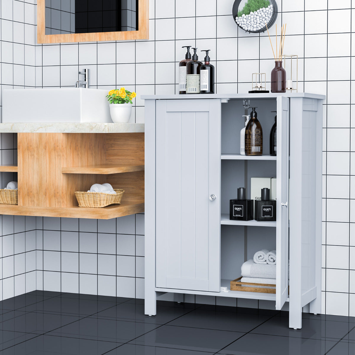 Armário de Casa de Banho Organizador Vertical com Portas Duplas e Prateleira Ajustável Moderno 60 x 30 x 80,5 cm Cinza