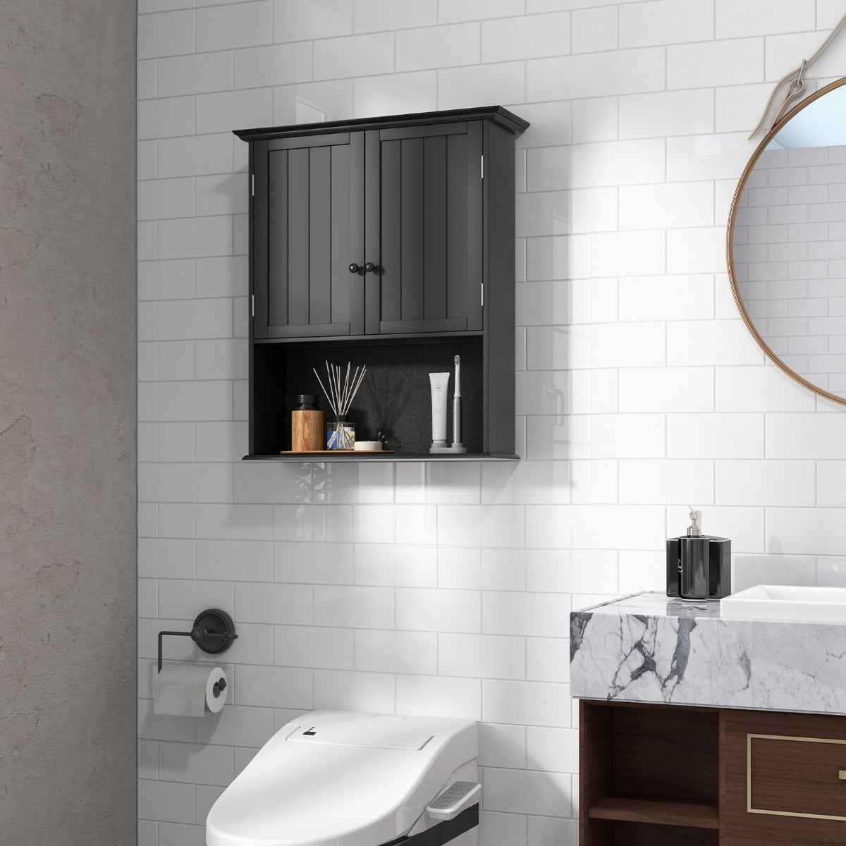 Armário de Parede para Casa de Banho com 2 Portas Prateleira Ajustável em Altura Cozinha Sala 60 x 20 x 70,5 cm Preto