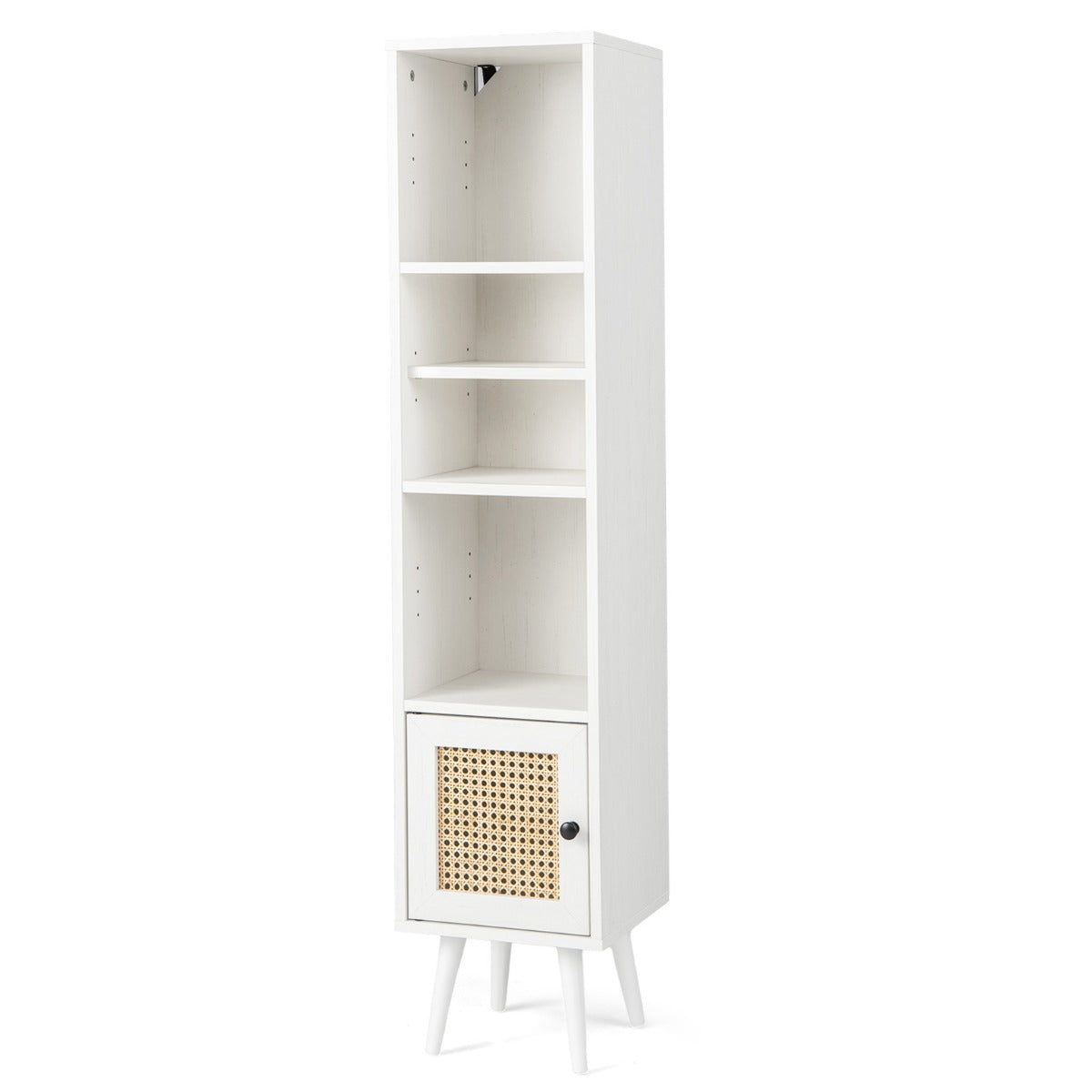 Armário de Armazenamento em Rattan Estreito e Autónomo com Porta E Prateleira Ajustável para Sala de Estar 29,5 x 29,5 x 137 cm Branco