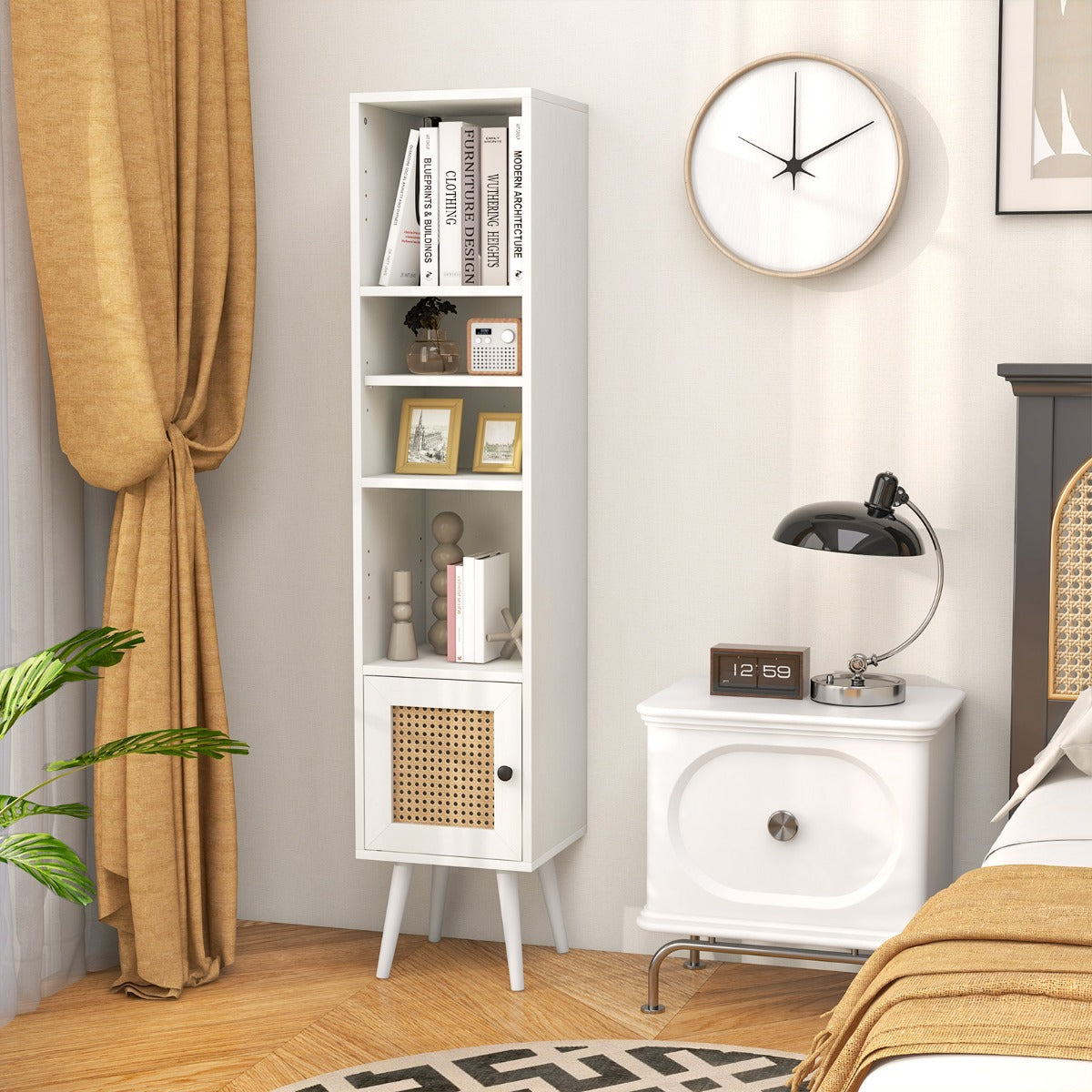 Armário de Armazenamento em Rattan Estreito e Autónomo com Porta E Prateleira Ajustável para Sala de Estar 29,5 x 29,5 x 137 cm Branco