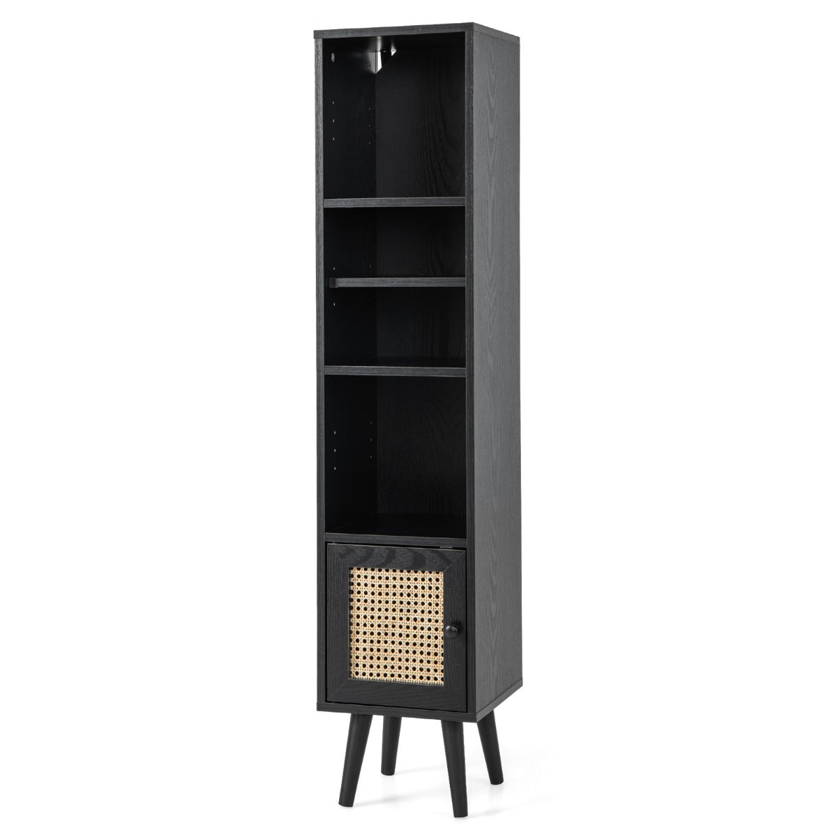 Armário de Armazenamento de Rattan Estreito e Independente com Porta E Prateleira Ajustável para Sala de Estar 29,5 x 29,5 x 137 cm Preto