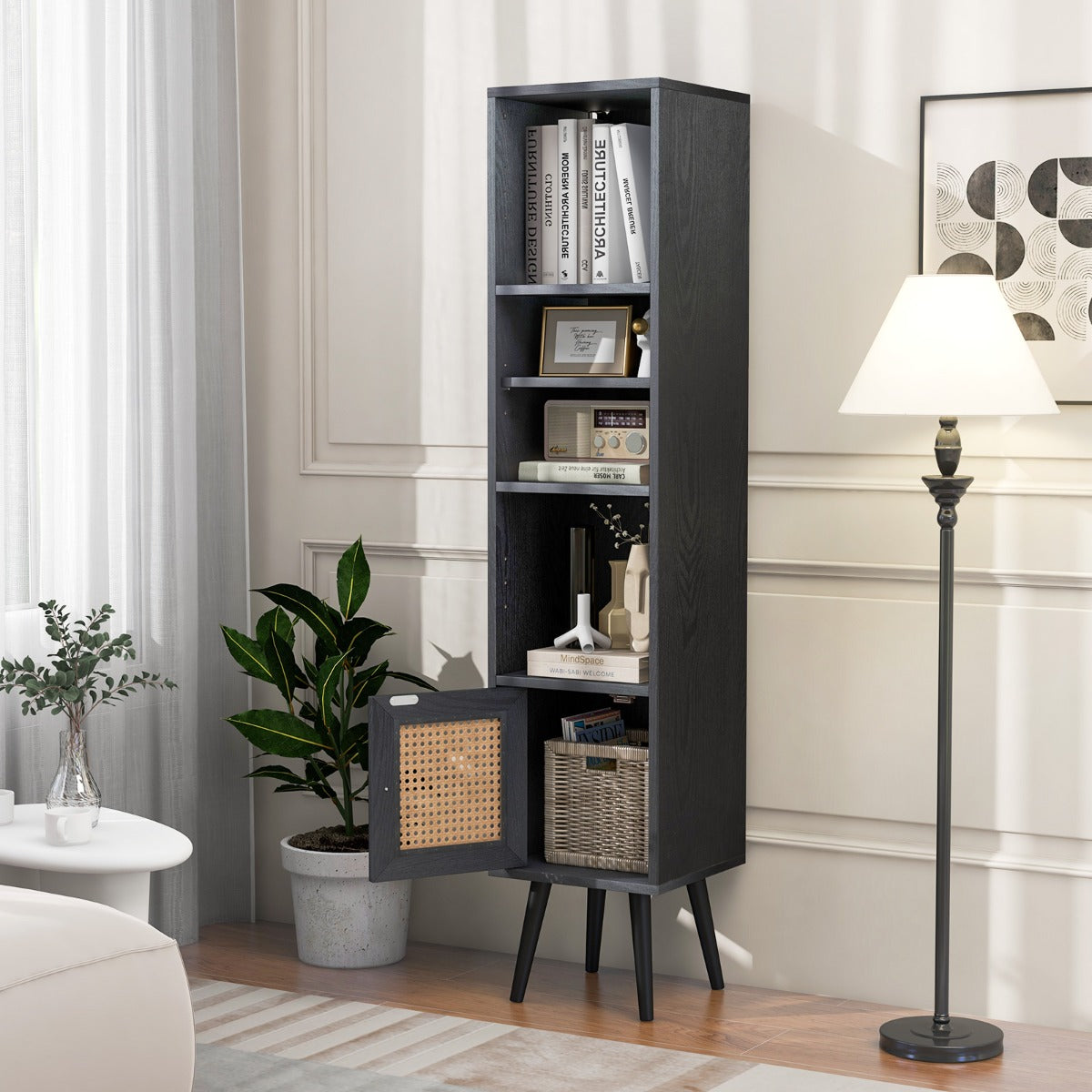 Armário de Armazenamento de Rattan Estreito e Independente com Porta E Prateleira Ajustável para Sala de Estar 29,5 x 29,5 x 137 cm Preto