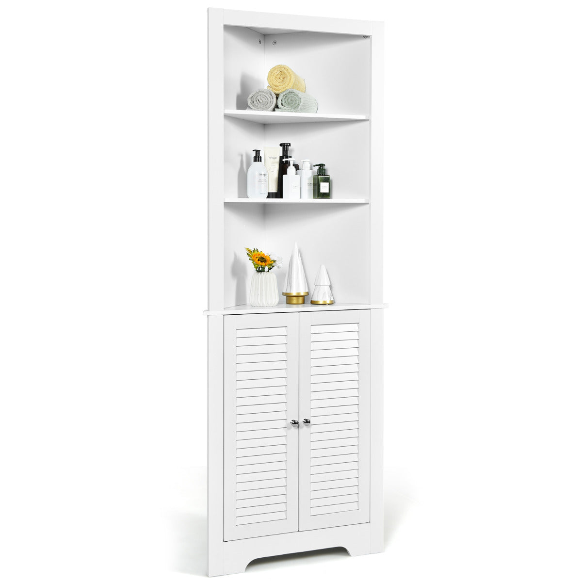 Armário de Canto Alto para Casa de Banho Móvel de Casa de Banho Triangular com 3 Prateleiras Abertas e 2 Portas Organizador de Pé 60 x 44,5 x 173 cm Branco