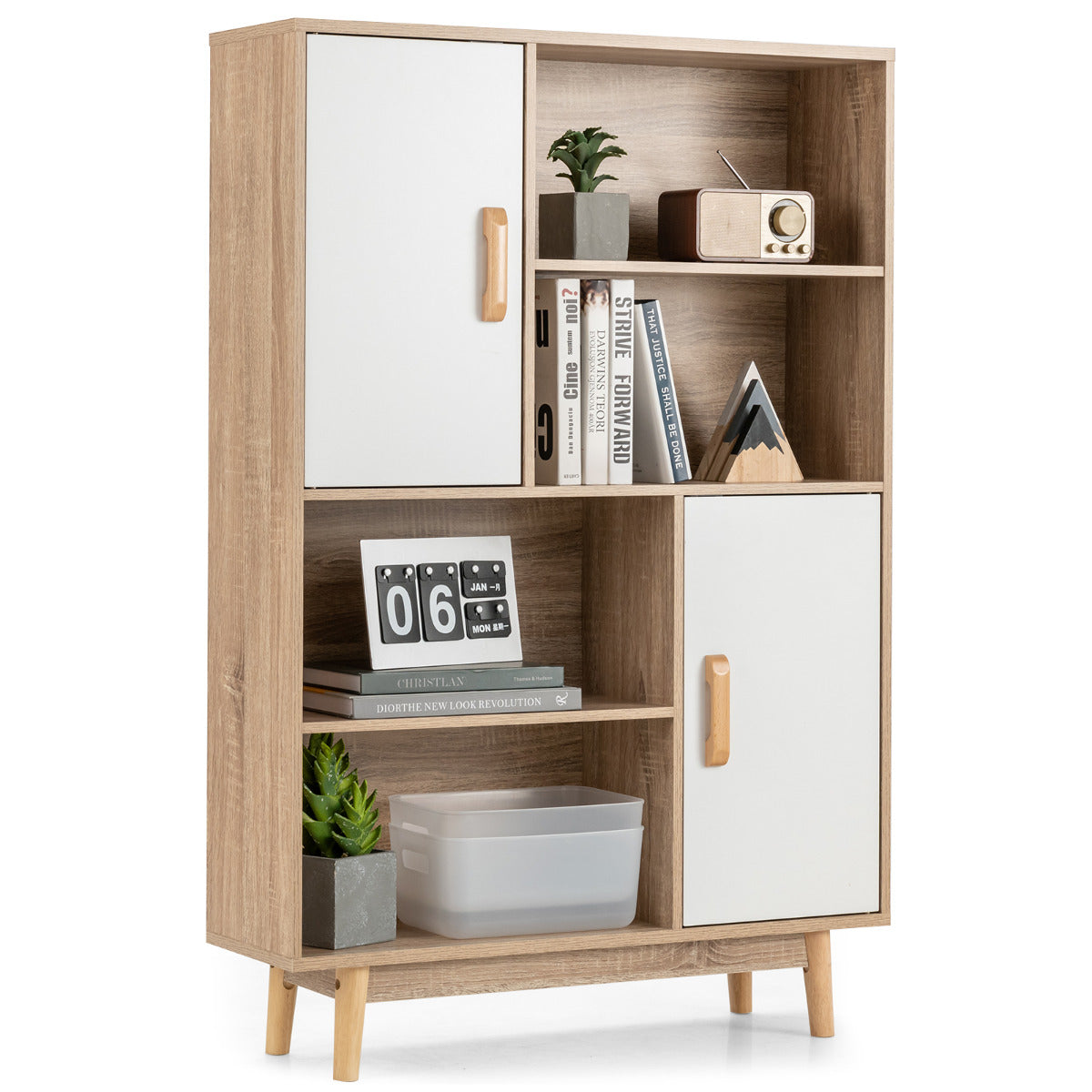 Armário de Madeira com 4 Níveis 2 Portas 4 Prateleiras Abertas Antivuelco para Sala Estudo Cozinha Branco 80 x 24 x 119,5 cm