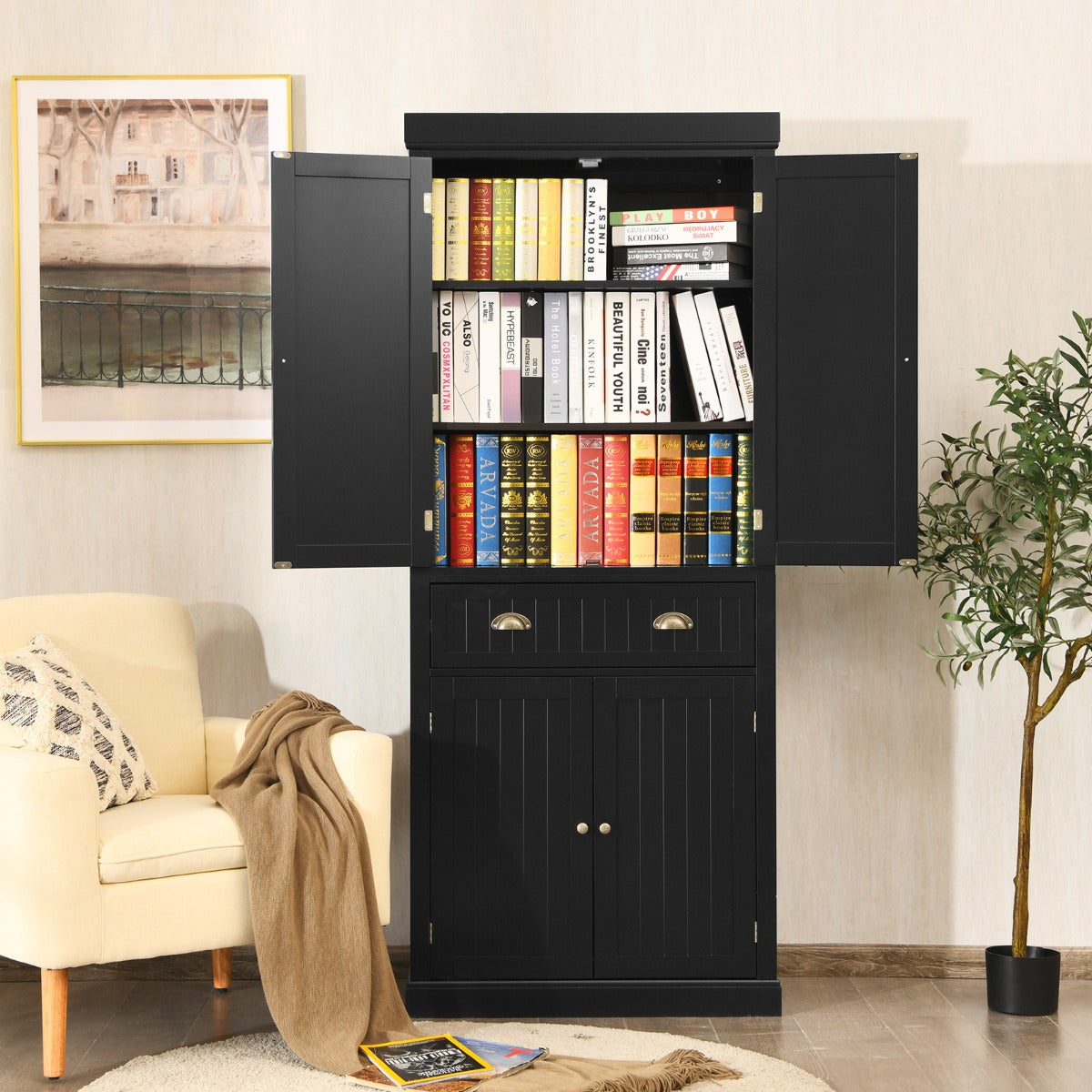Armário Independente com Prateleiras Ajustáveis, Armários de 2 Portas e Gaveta para Sala de Estar, Sala de Jantar e Corredor 76 x 40 x 183 cm Preto