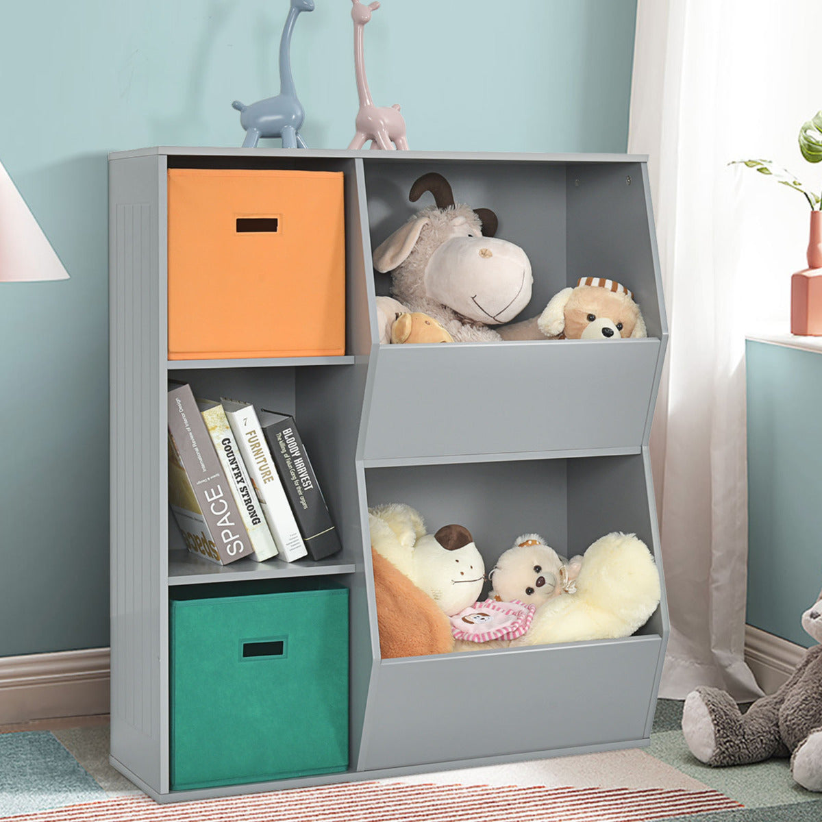 Armário Infantil para Brinquedos Organizador de Brinquedos 3 Cubos e 2 Caixas Abertas Estante para Crianças Sala 76 x 28 x 94 cm Cinzento