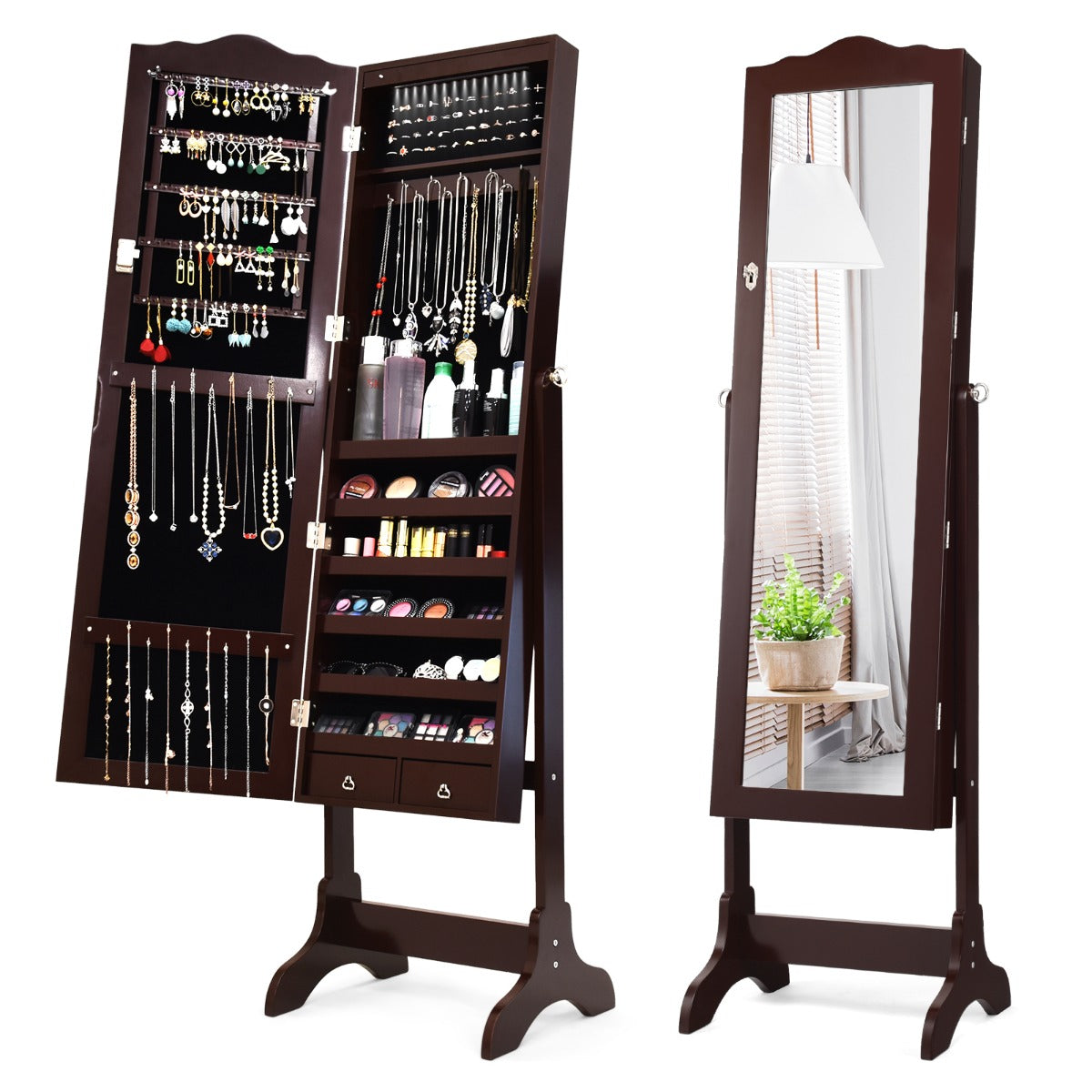 Armário de Jóias com 14 Luzes LED e 2 Gavetas Regulável em 4 Ângulos Ideal para Quarto 41,5 x 37 x 160 cm Castanho